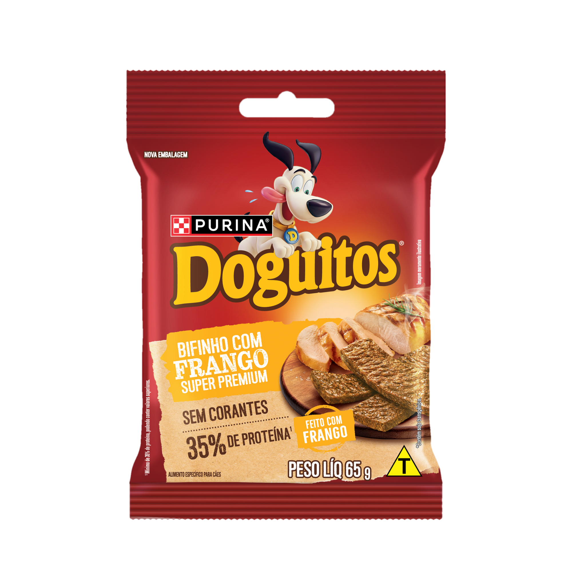 Embalagem de Petisco Bifinho PURINA® DOGUITOS® com Frango para Cães Adultos, vista frontal