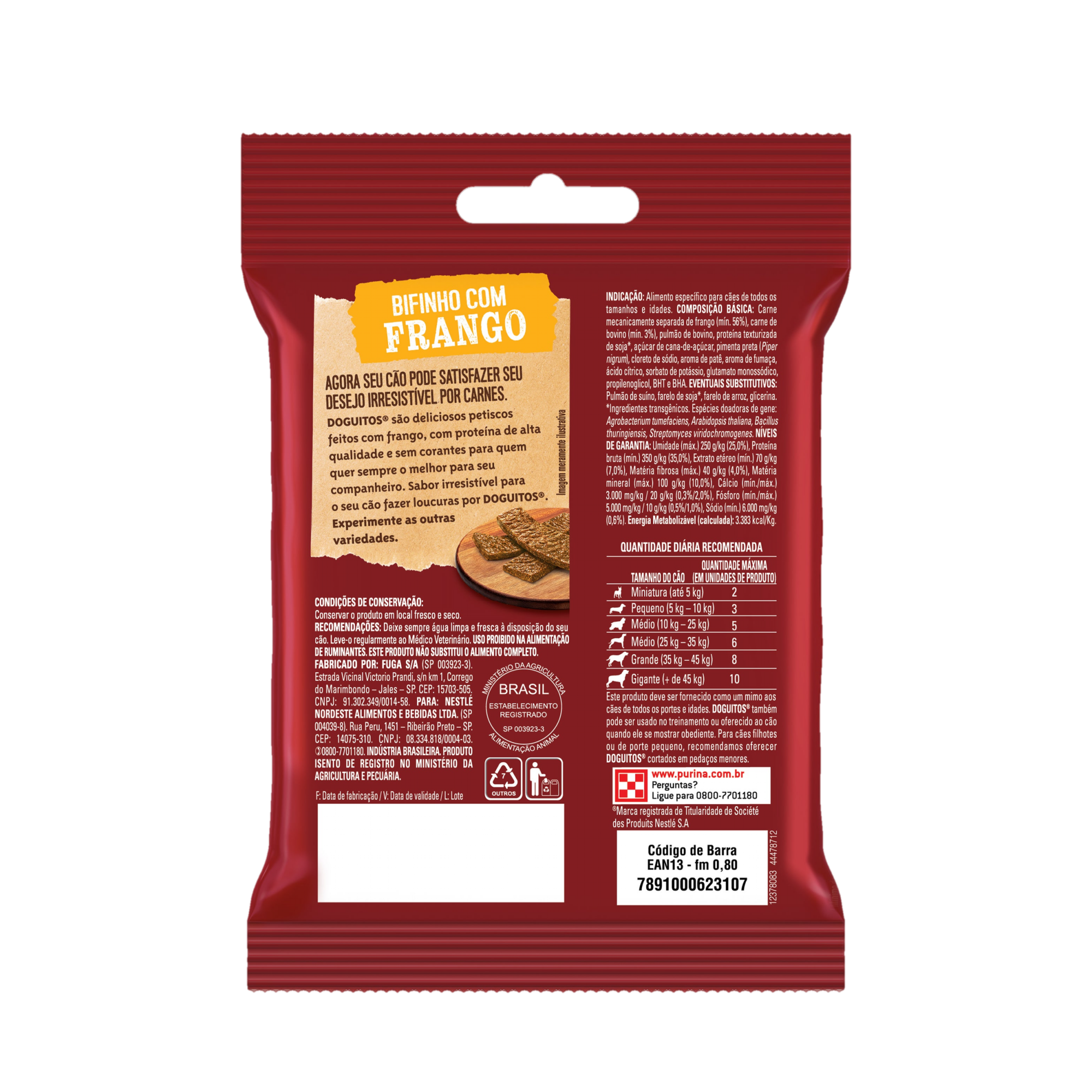 Embalagem de Petisco Bifinho PURINA® DOGUITOS® com Frango para Cães Adultos, vista traseira