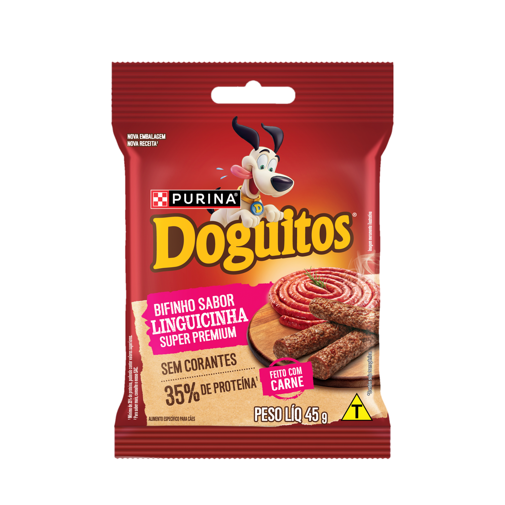 Embalagem de Petisco Bifinho PURINA® DOGUITOS® Sabor Linguicinha para Cães Adultos, vista frontal