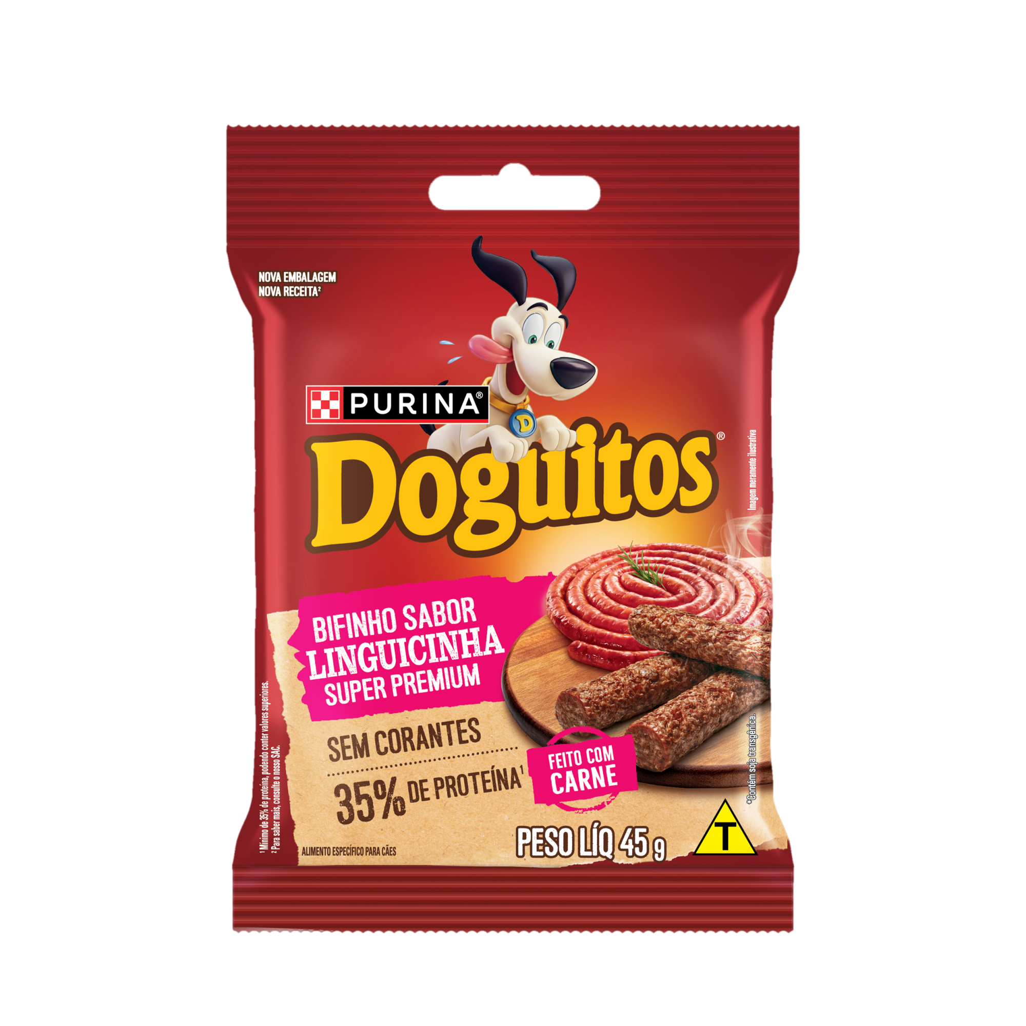 Embalagem de Petisco Bifinho PURINA® DOGUITOS® Sabor Linguicinha para Cães Adultos, vista frontal