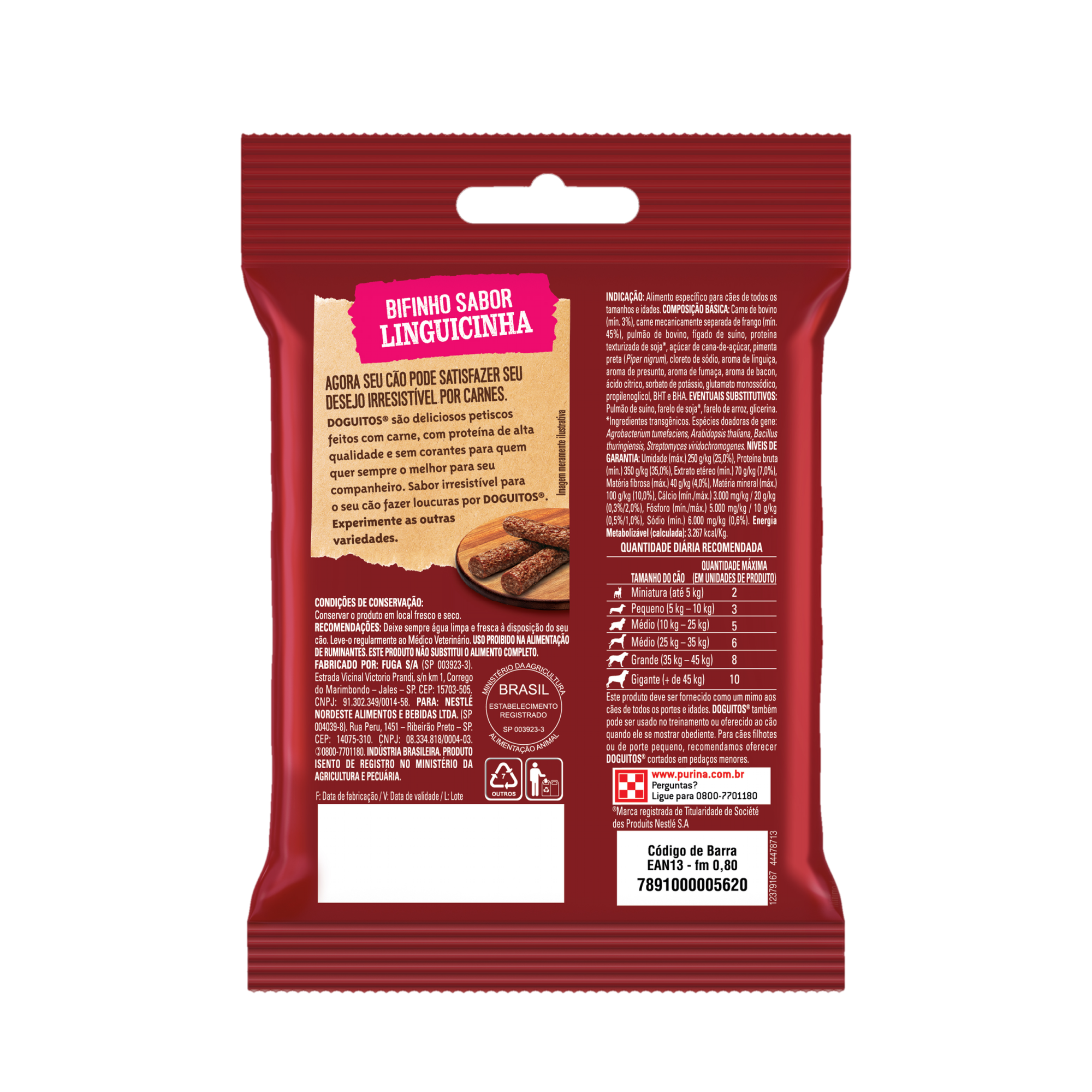 Embalagem de Petisco Bifinho PURINA® DOGUITOS® Sabor Linguicinha para Cães Adultos, vista traseira