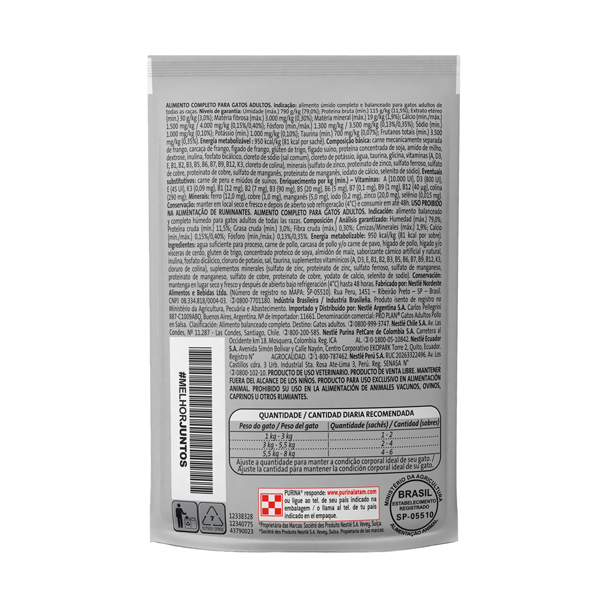 Embalagem de PRO PLAN® Sache para Gato Adulto sabor frango ao molho, vista traseira