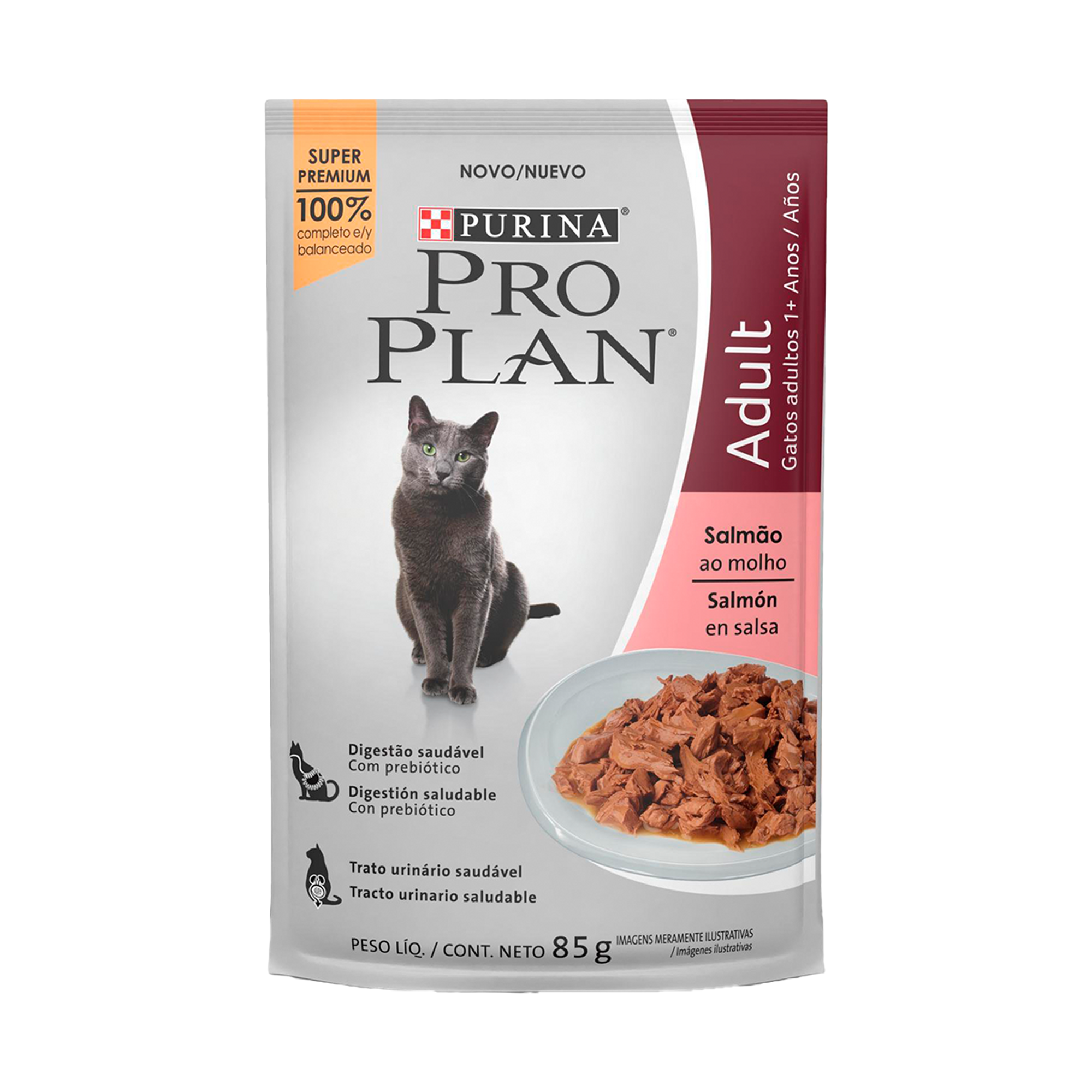 Embalagem de PRO PLAN® Sache para Gato Adulto sabor salmão ao molho, vista frontal