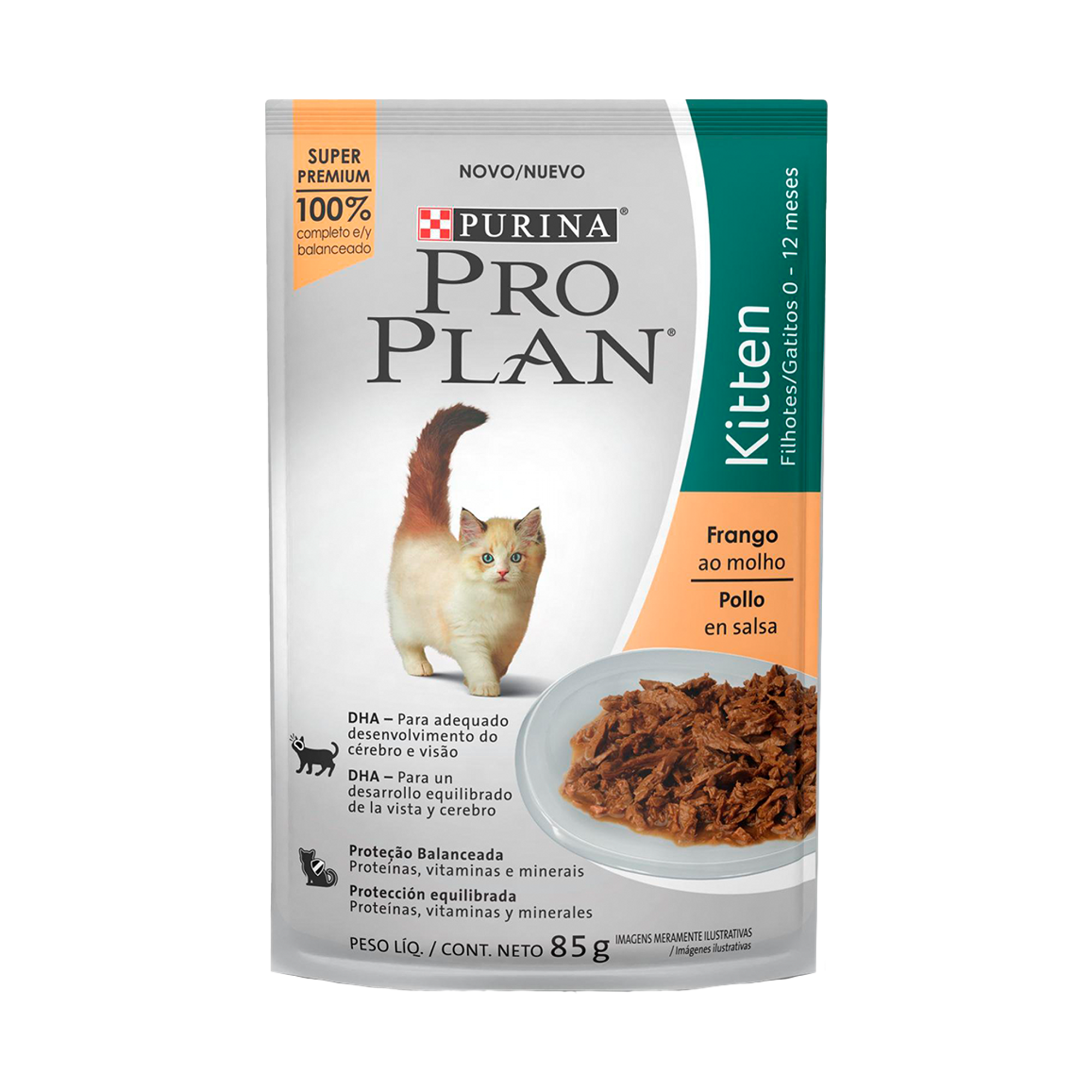 Embalagem de Pro Plan sachê para Gatos Filhotes sabor frango ao molho, vista frontal
