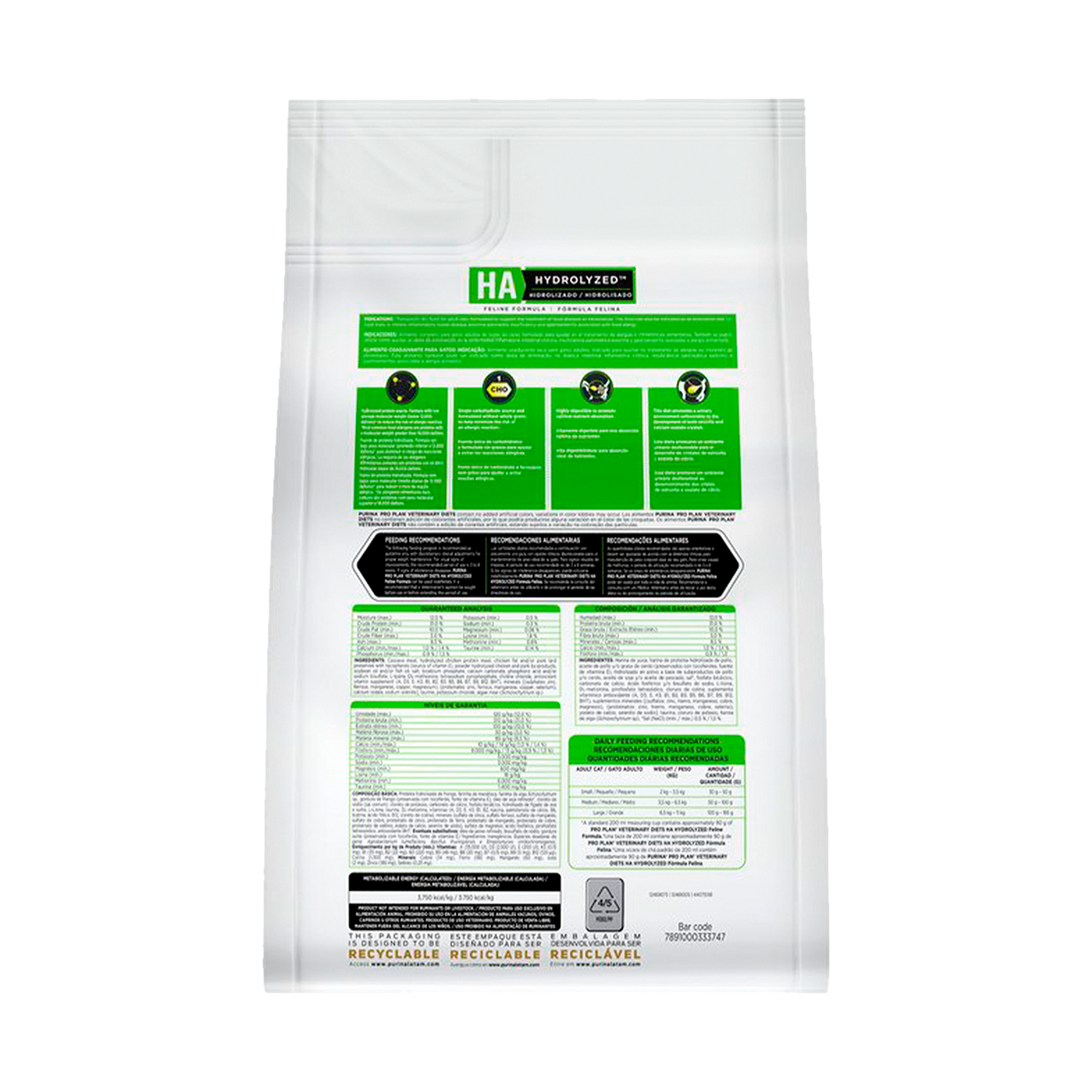 Embalagem de PRO PLAN® Veterinary Diets Fln HA para Gato Adulto sabor frango, vista traseira