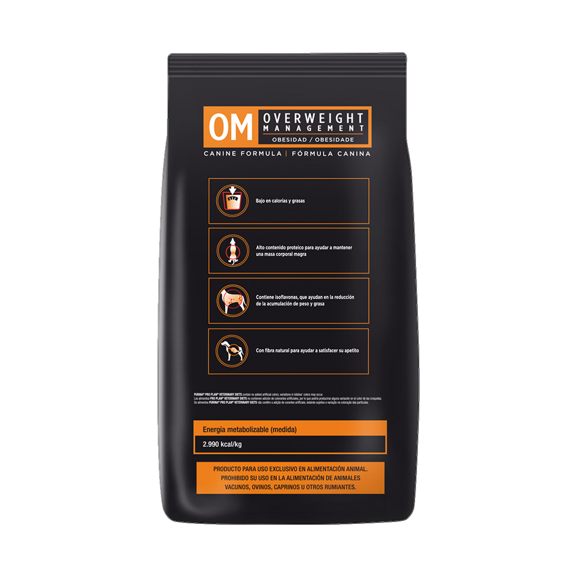 Embalagem de PRO PLAN® Veterinary Diets Obesidade para Cão Adulto todos os tamanhos sabor frango, vista traseira