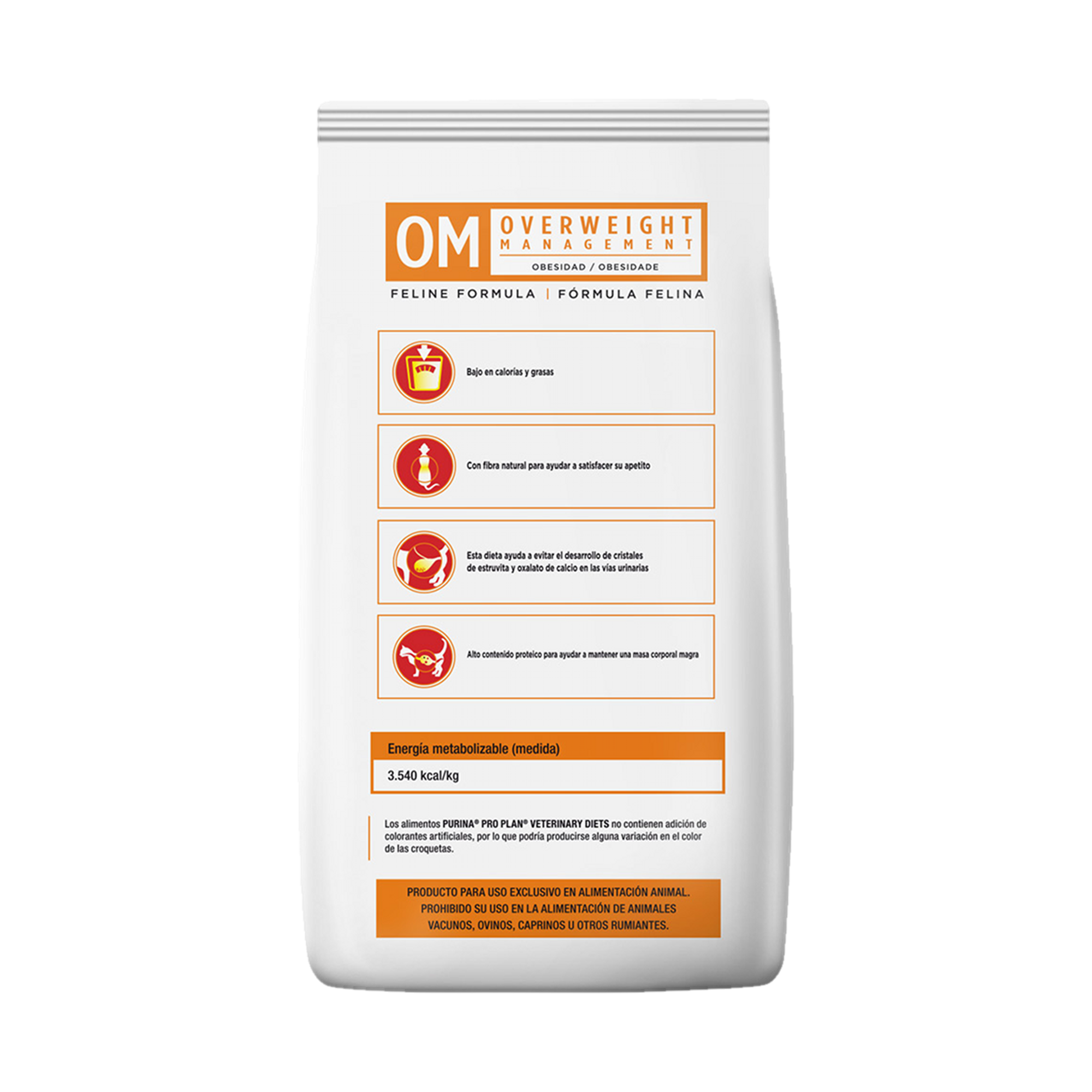 Embalagem de PRO PLAN® Veterinary Fln OM para Gato Adulto sabor frango, vista traseira