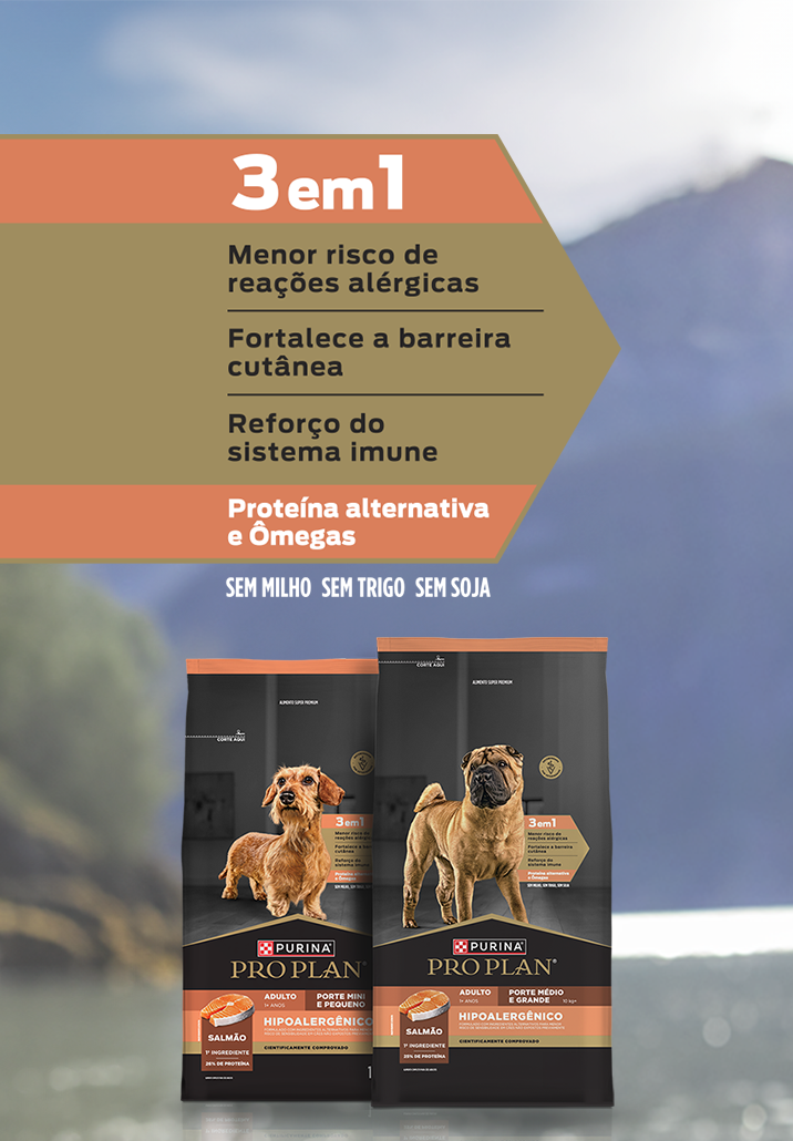 Embalagens de PURINA® PRO PLAN® Hipoalergênico com um cão. 3 em 1: menor risco de reações alérgicas, fortalece a barreira cut