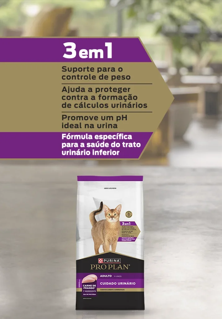 Embalagem de PURINA® PRO PLAN® Cuidado Urinário com um gato. 3 em 1: suporte para o controle de peso, ajuda a proteger contra