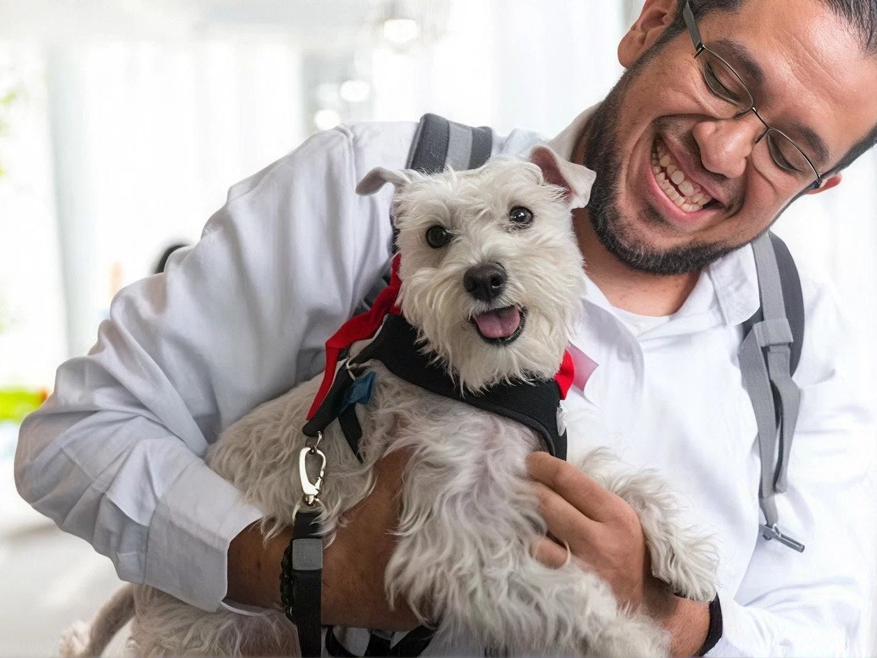 Homem sorridente segura seu cachorro no escritório