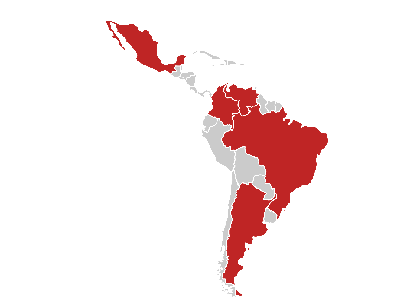 Mapa da América Latina com México, Colômbia, Venezuela, Brasil e Argentina destacados