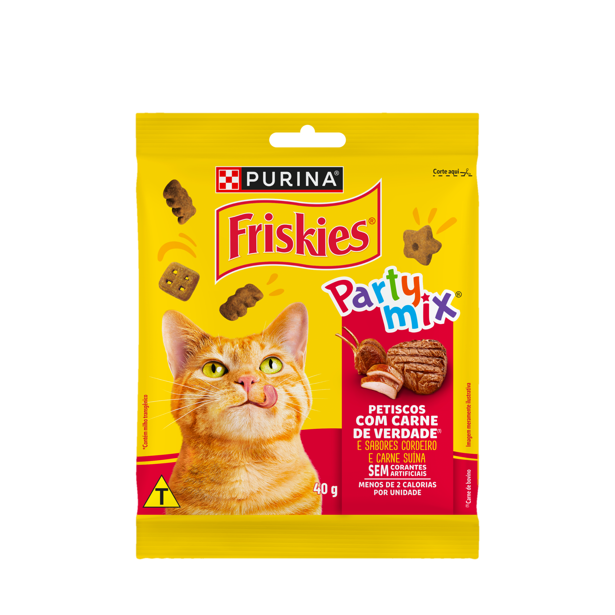 Embalagem de PURINA FRISKIES® Party Mix® Petiscos para Gatos Carne, vista frontal