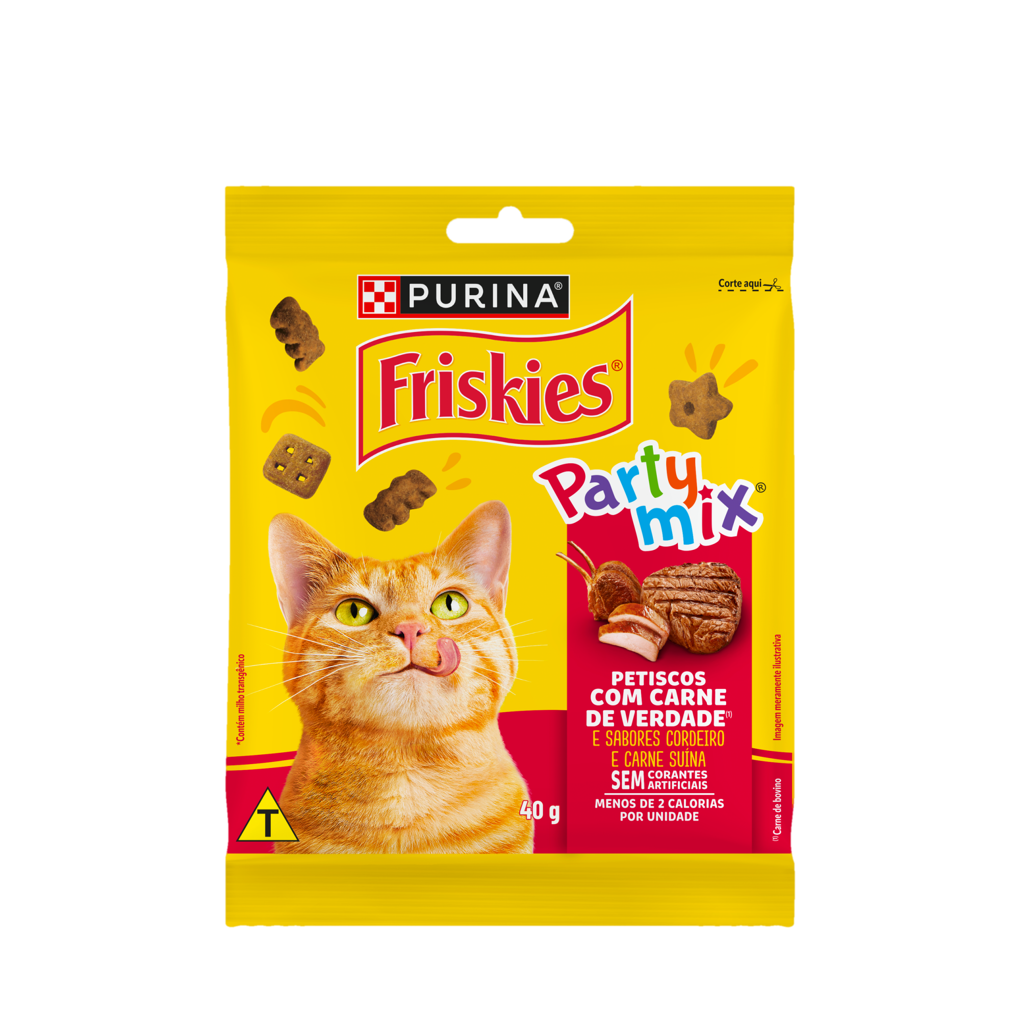 Embalagem de PURINA FRISKIES® Party Mix® Petiscos para Gatos Carne, vista frontal