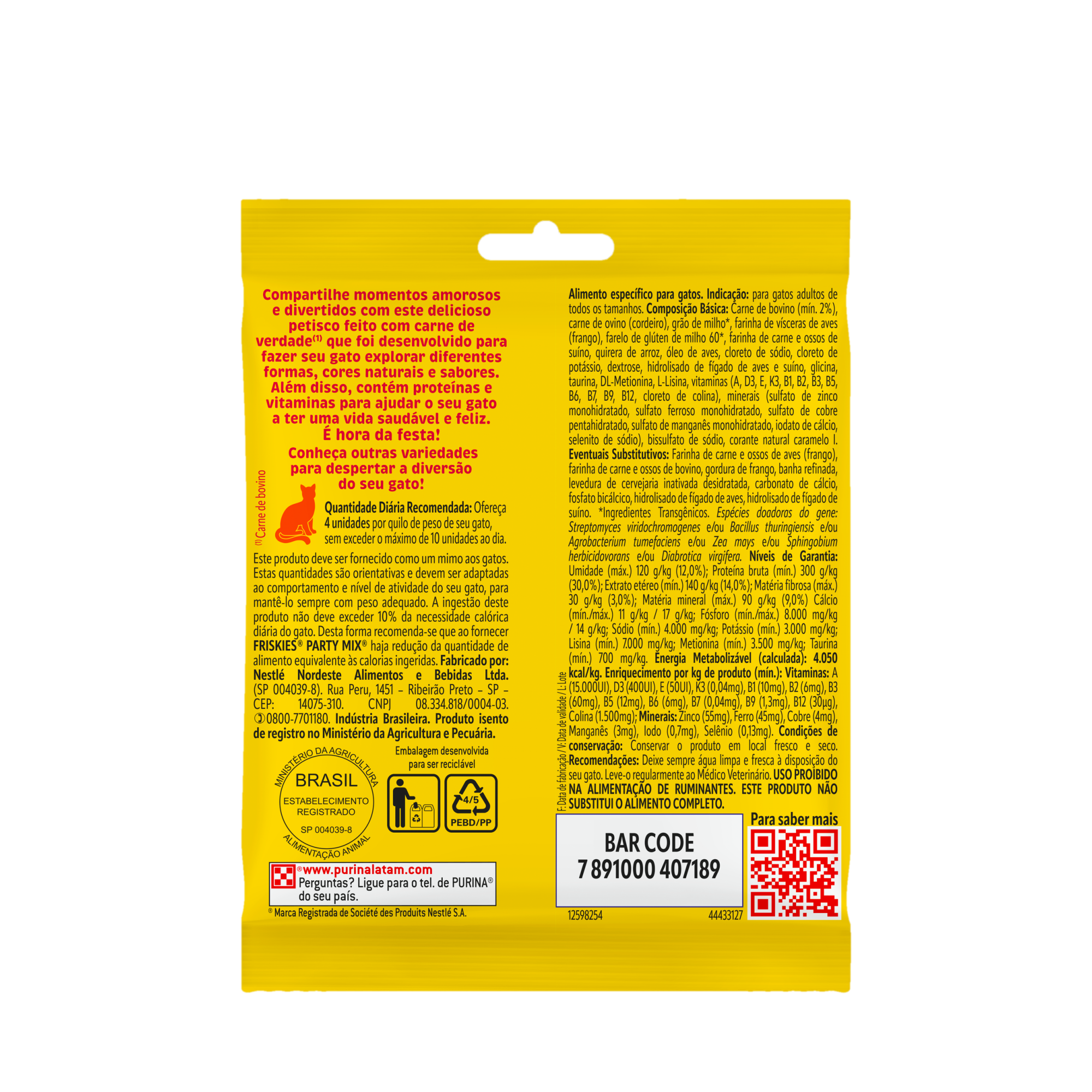 Embalagem de PURINA FRISKIES® Party Mix® Petiscos para Gatos Carne, vista traseira