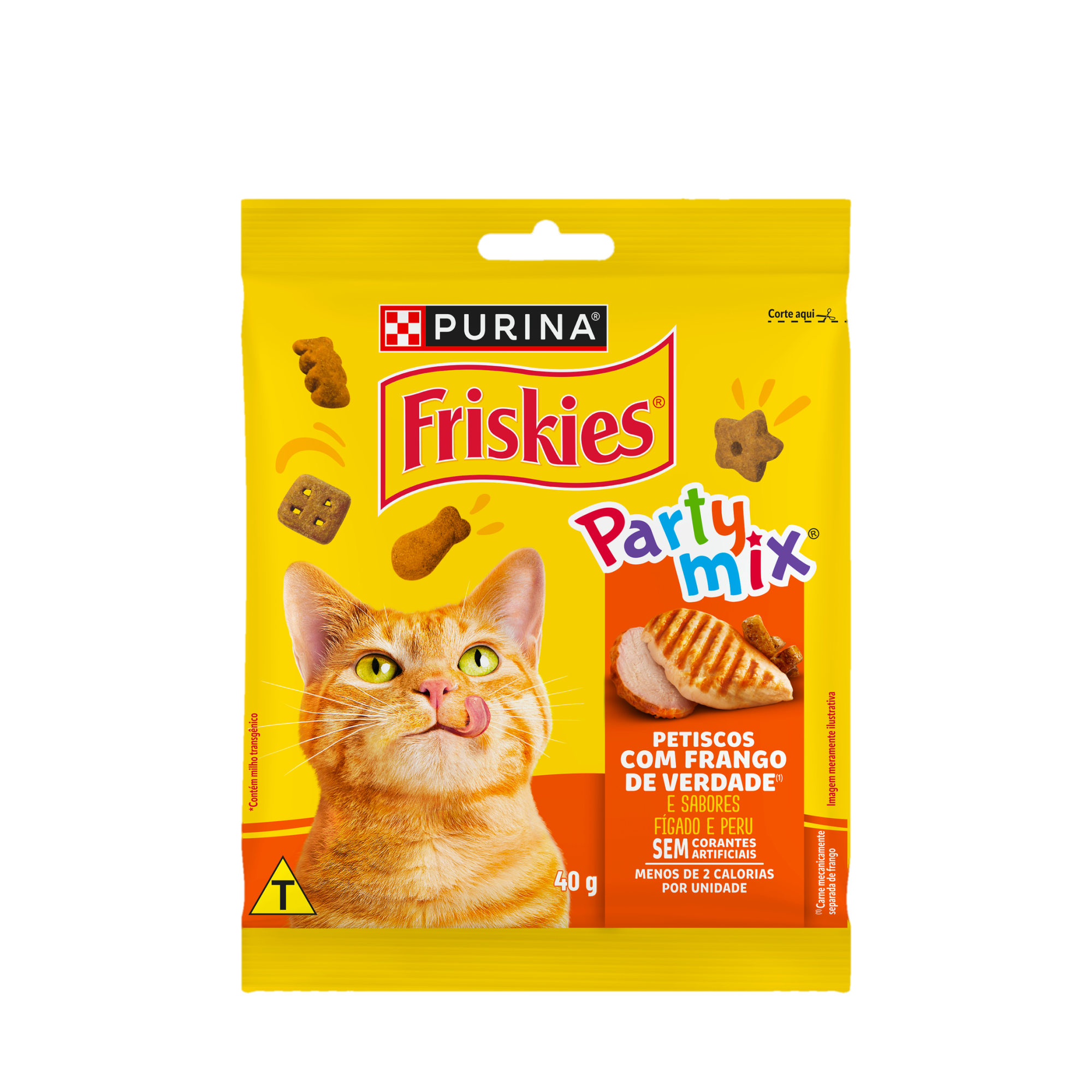 Embalagem de PURINA FRISKIES® Party Mix® Petiscos para Gatos Frango, vista frontal