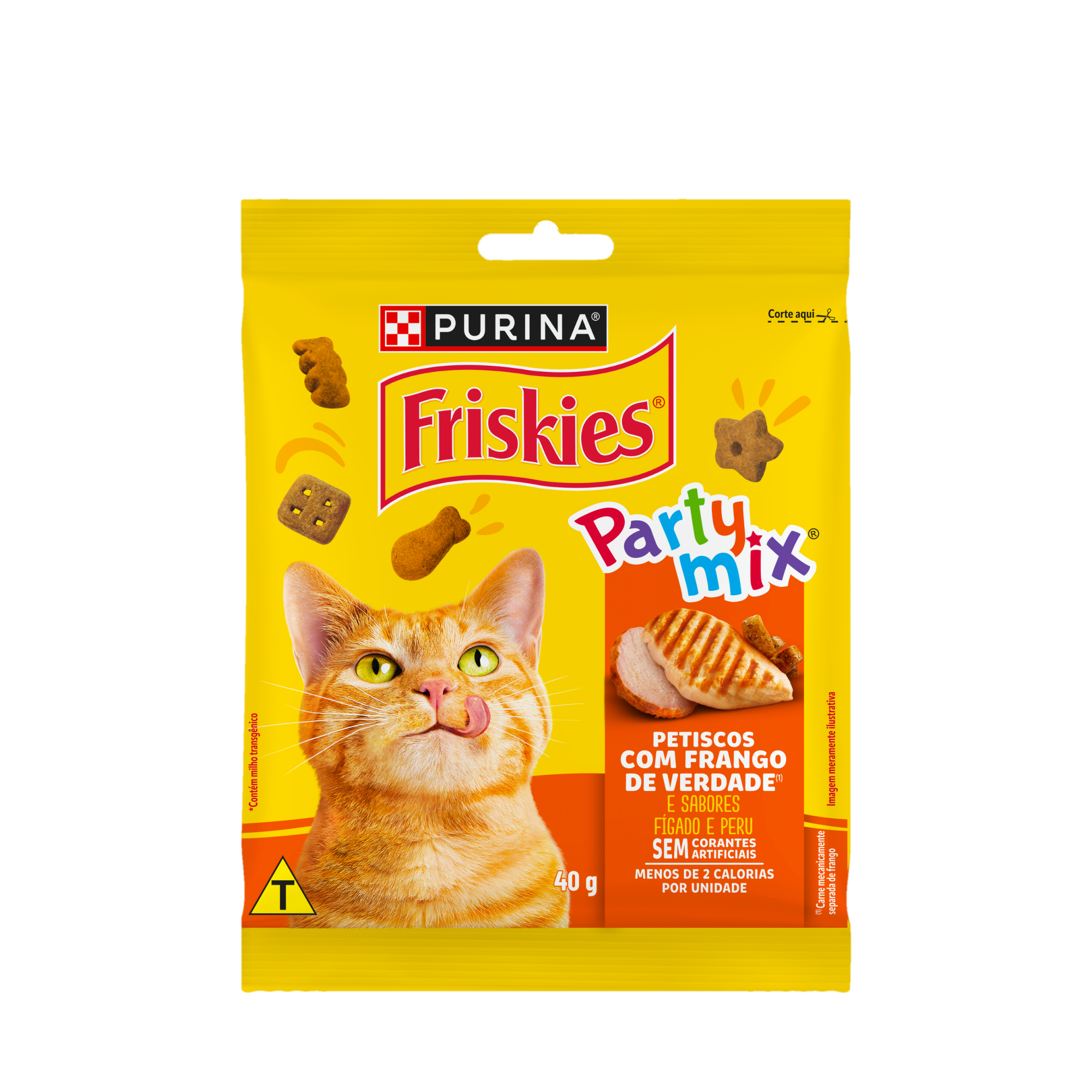 Embalagem de PURINA FRISKIES® Party Mix® Petiscos para Gatos Frango, vista frontal