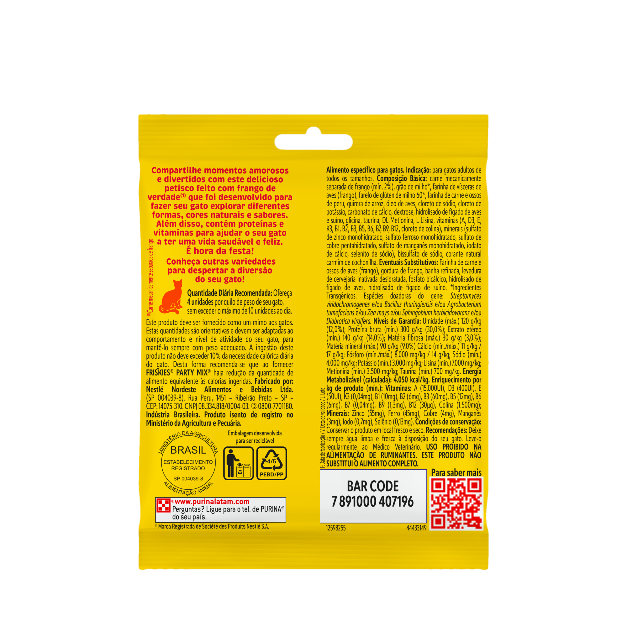Embalagem de PURINA FRISKIES® Party Mix® Petiscos para Gatos Frango, vista traseira