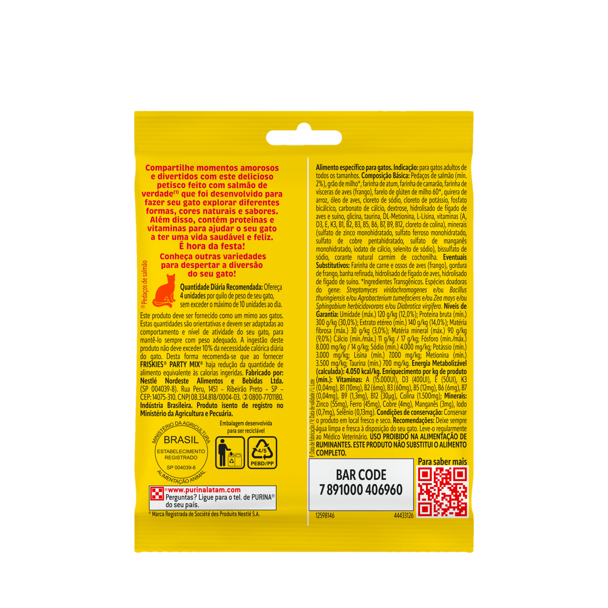 Embalagem de PURINA FRISKIES® Party Mix® Petiscos para Gatos Salmão, vista traseira
