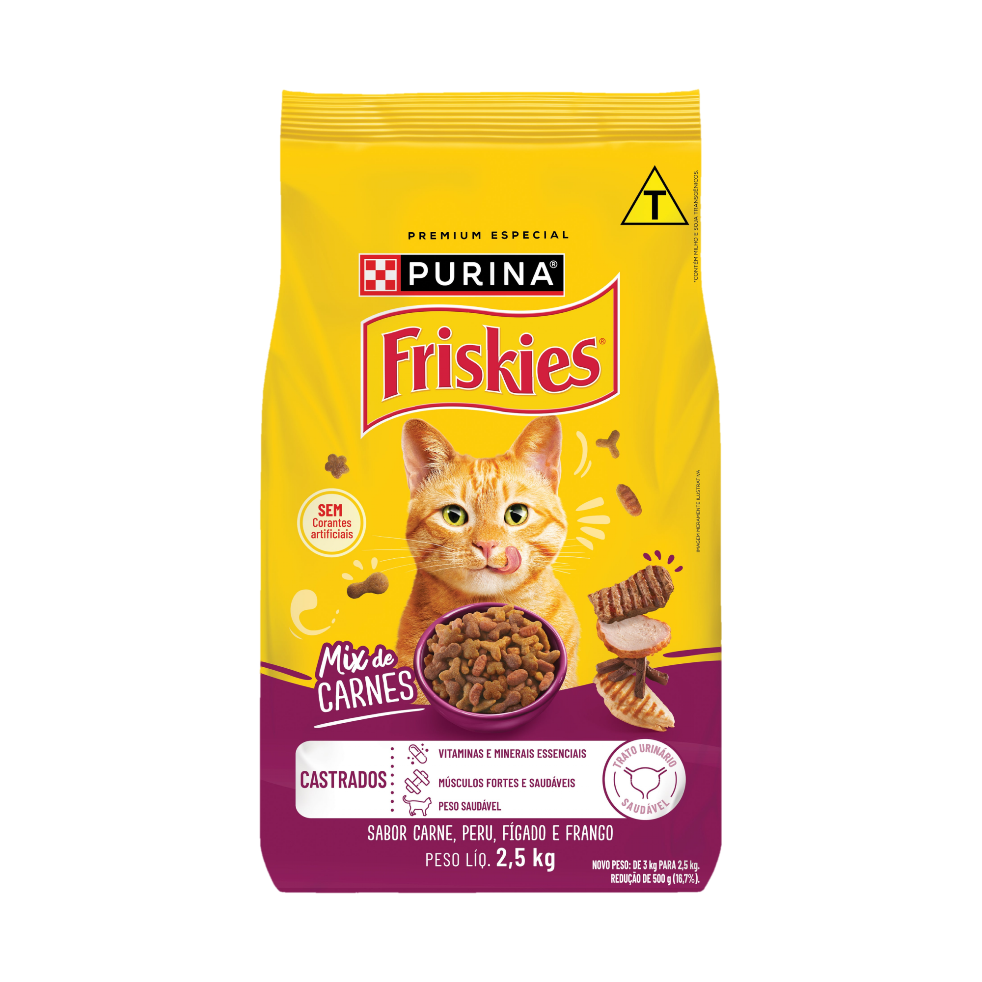 Embalagem de PURINA FRISKIES® Ração Seca para Gatos Castrados Mix de Carnes, vista frontal