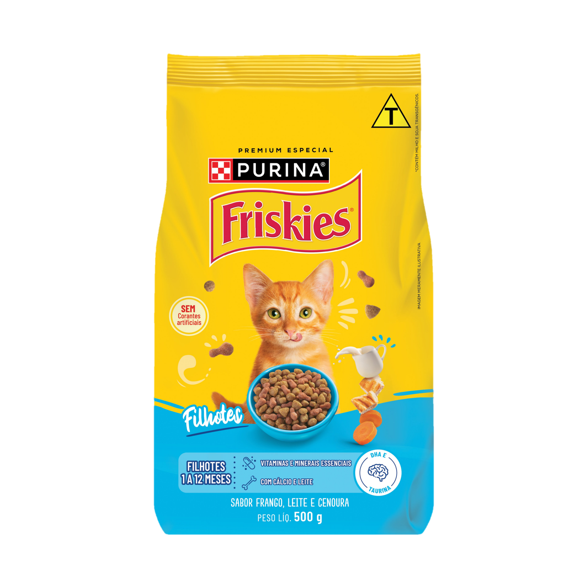 Embalagem de PURINA FRISKIES® Ração Seca para Gatos Filhotes Frango e Leite, vista frontal