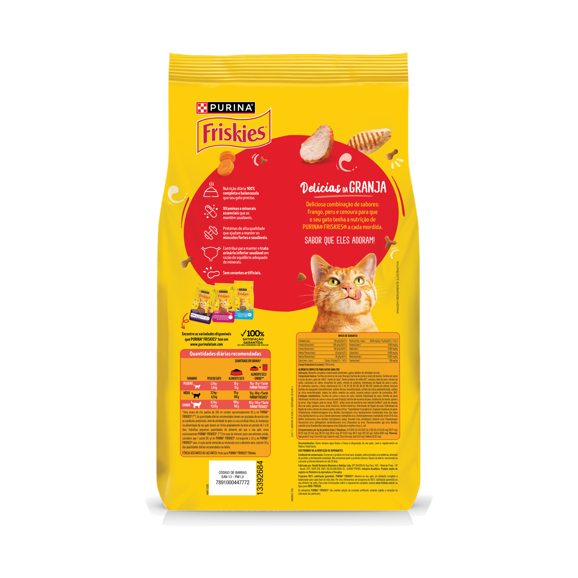 Embalagem de PURINA FRISKIES® Ração Seca para Gatos Adultos Delícias da Granja, vista traseira