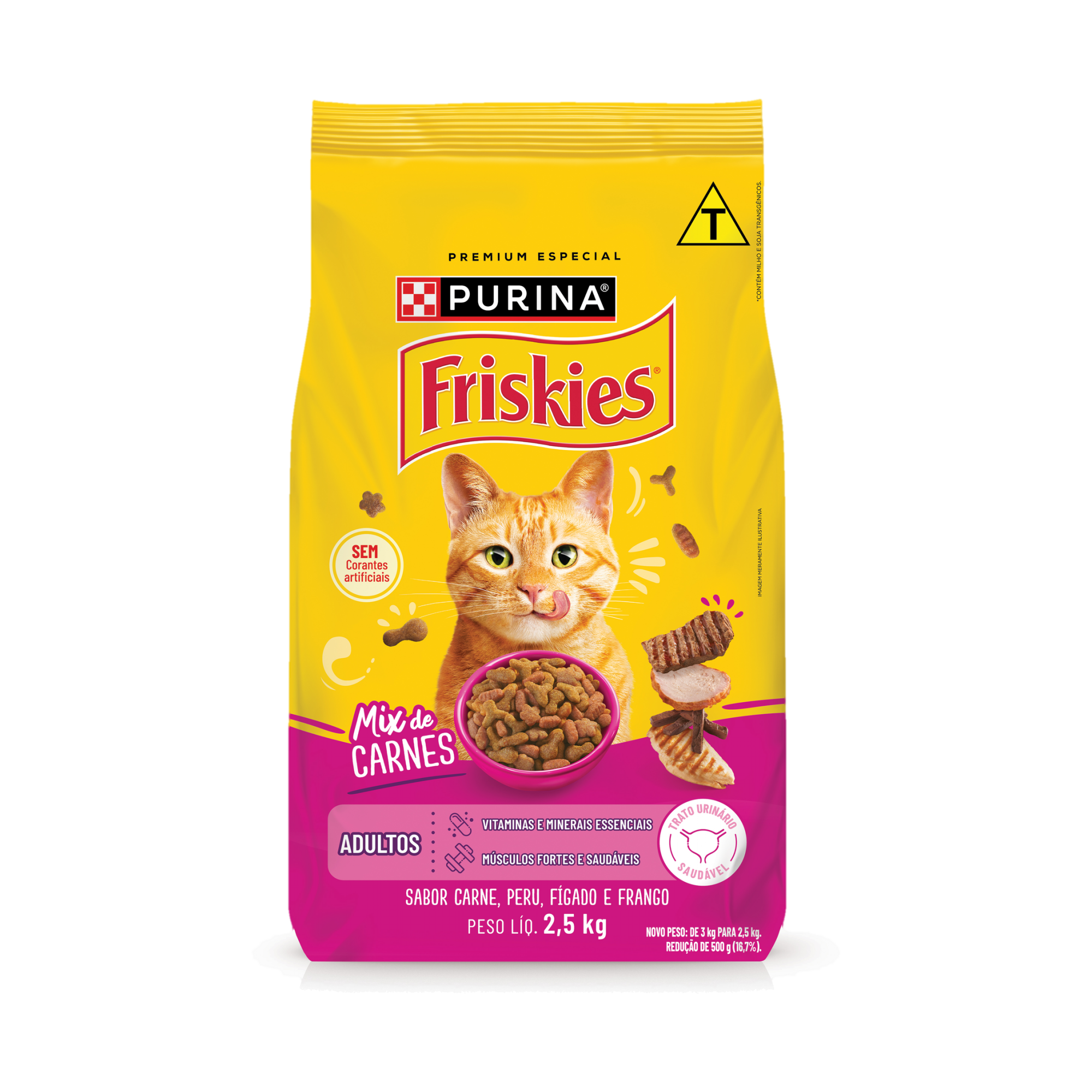 Embalagem de PURINA FRISKIES® Ração Seca para Gatos Adultos Mix de Carnes, vista frontal
