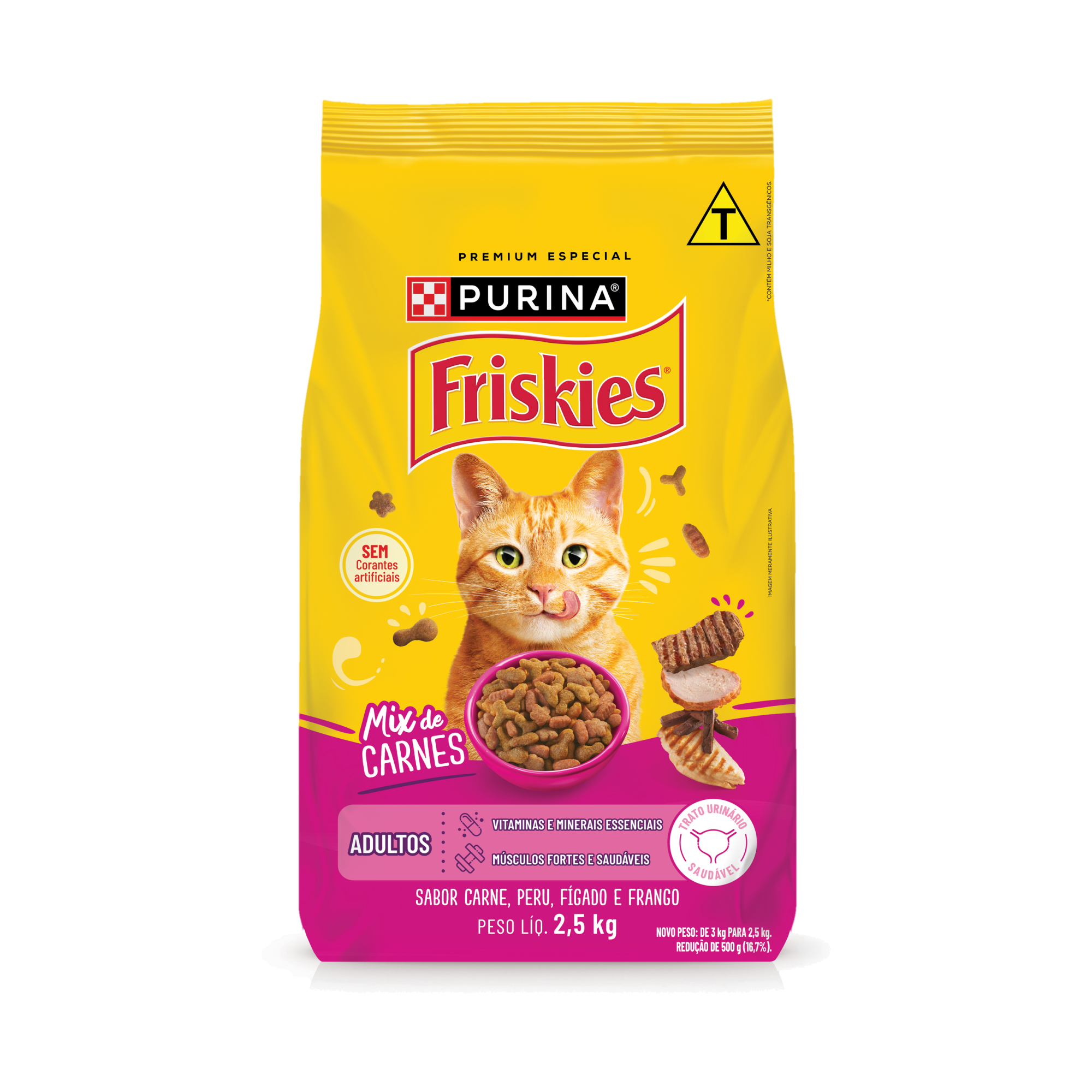 Embalagem de PURINA FRISKIES® Ração Seca para Gatos Adultos Mix de Carnes, vista frontal