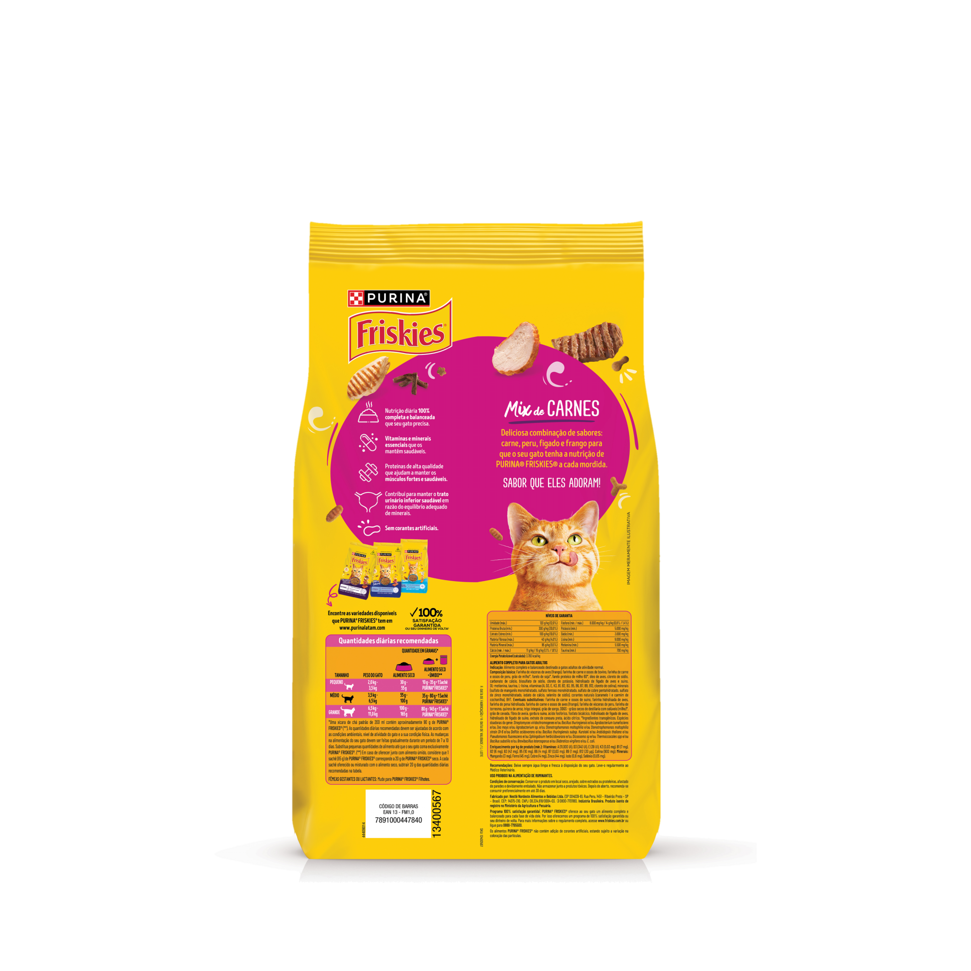 Embalagem de PURINA FRISKIES® Ração Seca para Gatos Adultos Mix de Carnes, vista traseira