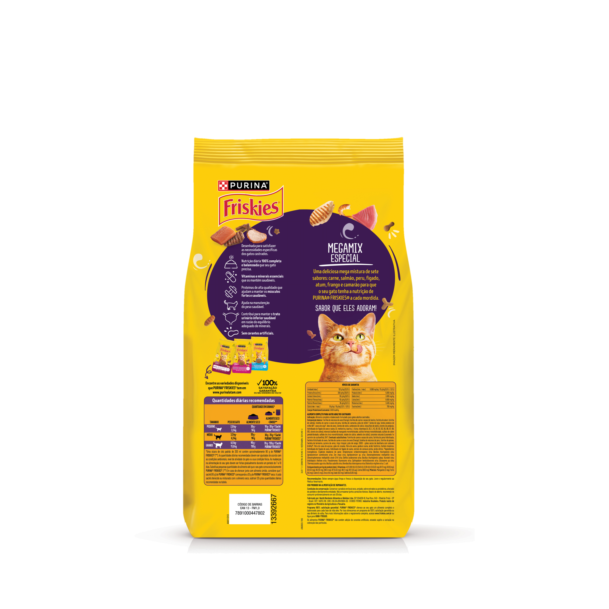 Embalagem de PURINA FRISKIES® Ração Seca para Gatos Castrados Megamix, vista traseira