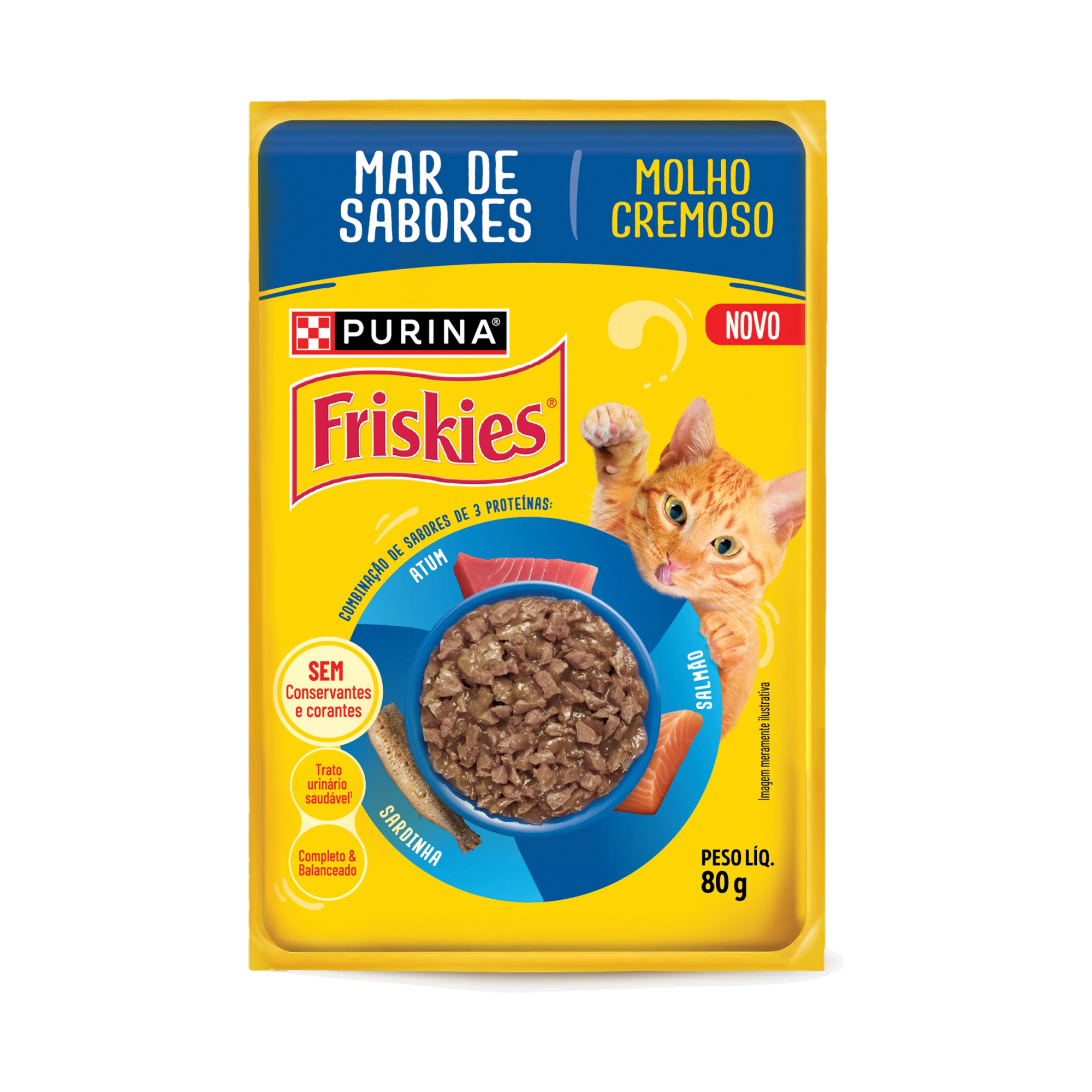 Embalagem de PURINA FRISKIES® Ração úmida para Gatos Adultos Mar de Sabores, vista frontal
