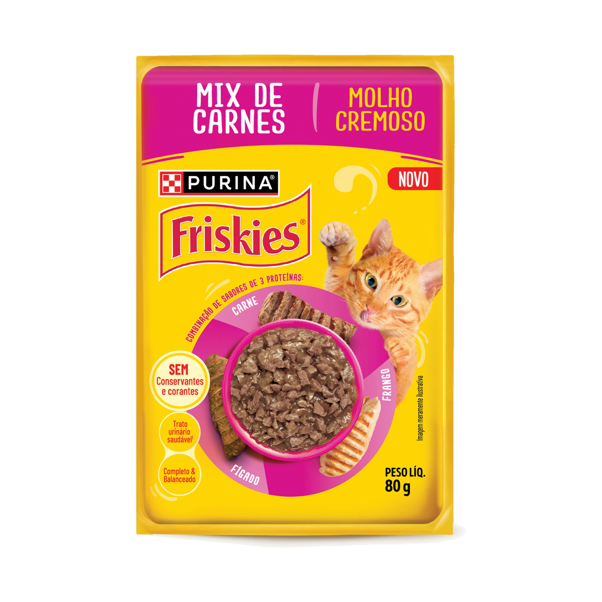 Embalagem de PURINA FRISKIES® Ração úmida para Gatos Adultos Mix de Carne, vista frontal