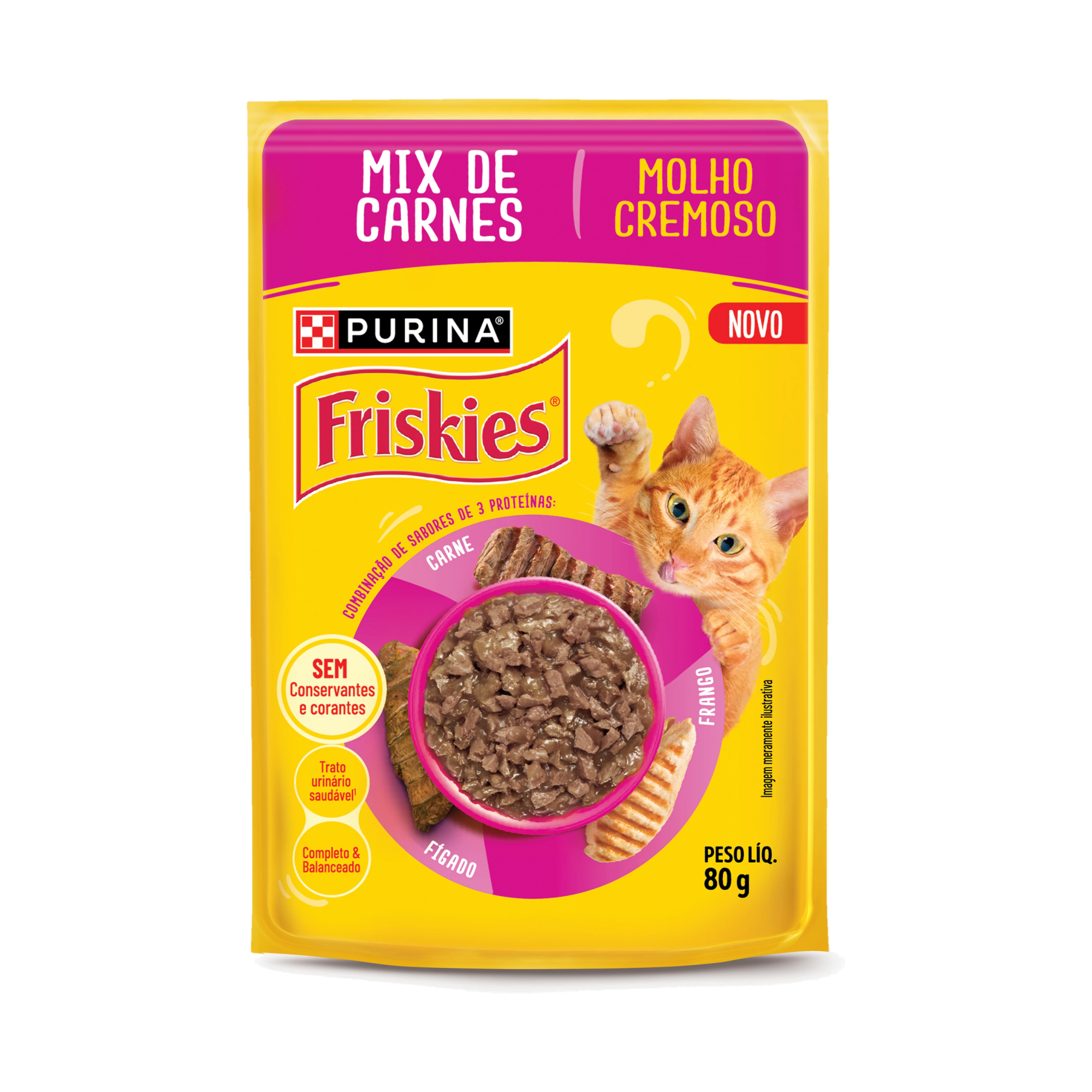 Embalagem de PURINA FRISKIES® Ração úmida para Gatos Adultos Mix de Carne, vista frontal