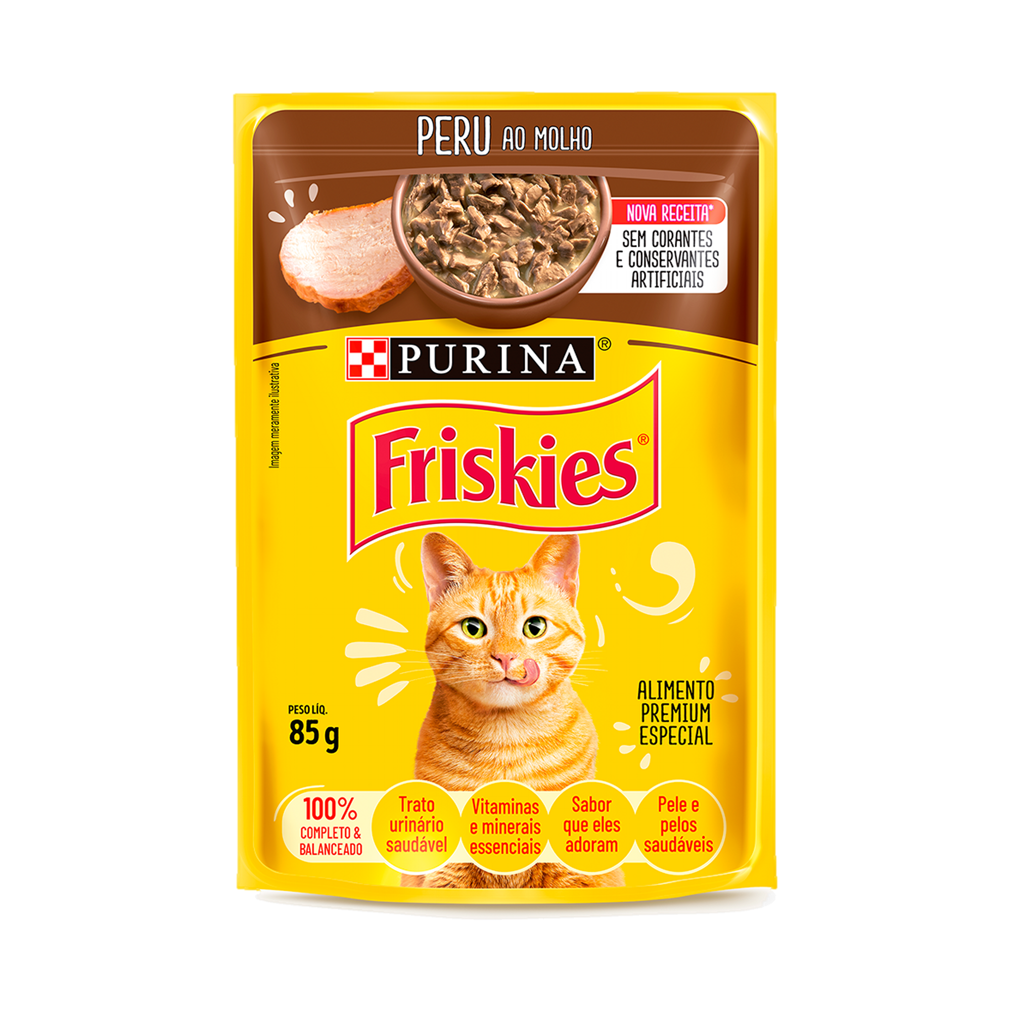 Embalagem de PURINA FRISKIES® Ração Úmida para Gatos Adultos Peru 85g, vista frontal