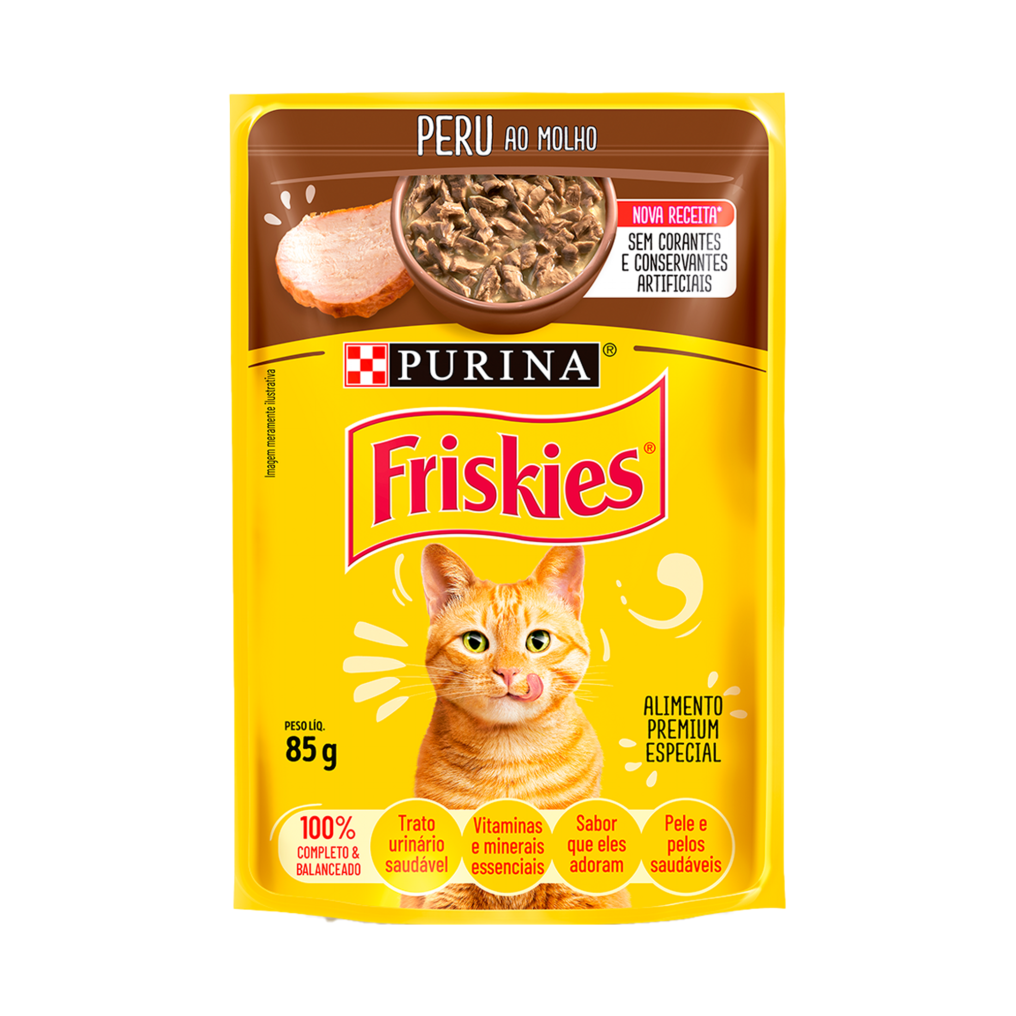 Embalagem de PURINA FRISKIES® Ração Úmida para Gatos Adultos Peru 85g, vista frontal