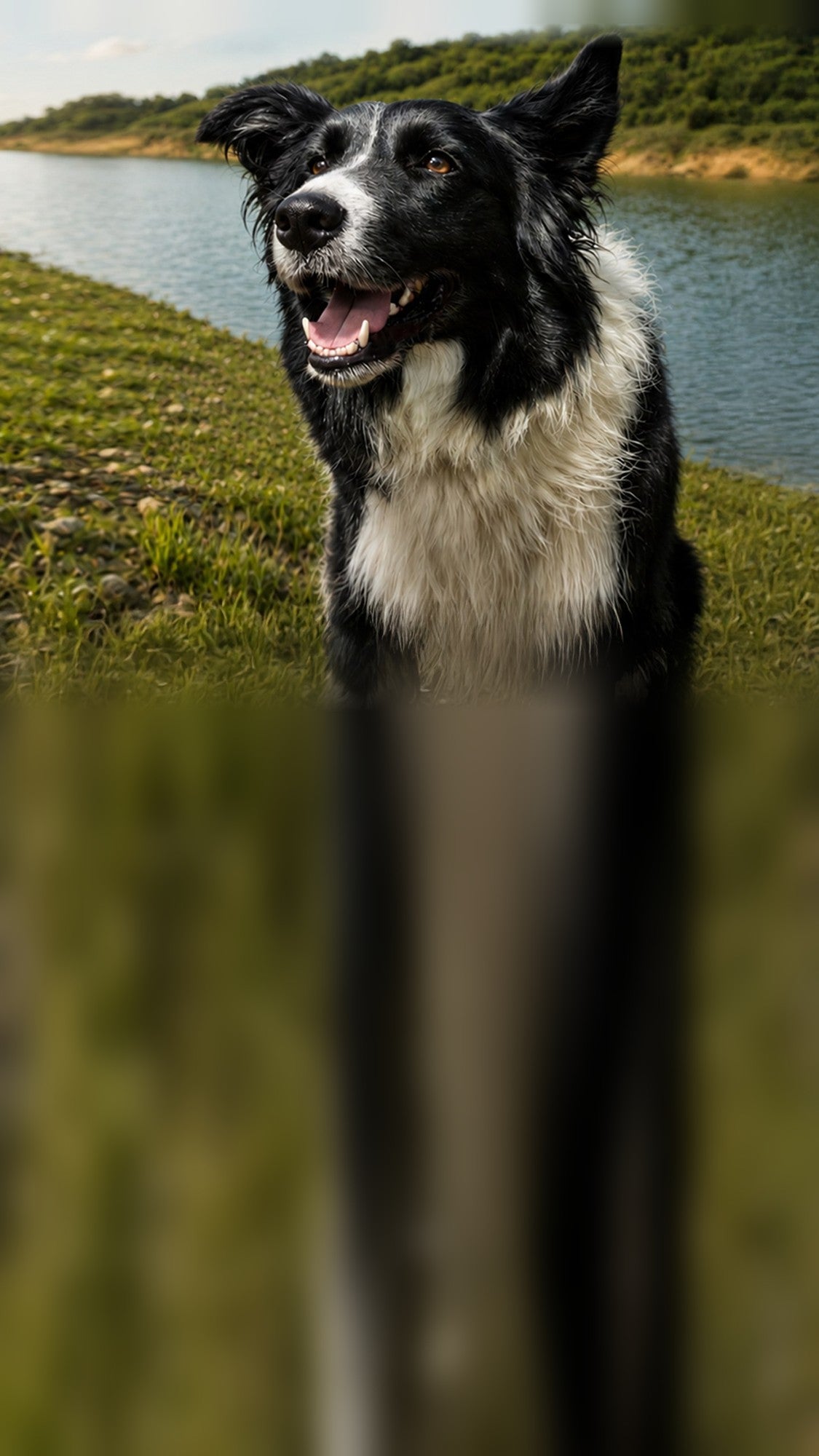 Cão sorrindo à beira de um lago