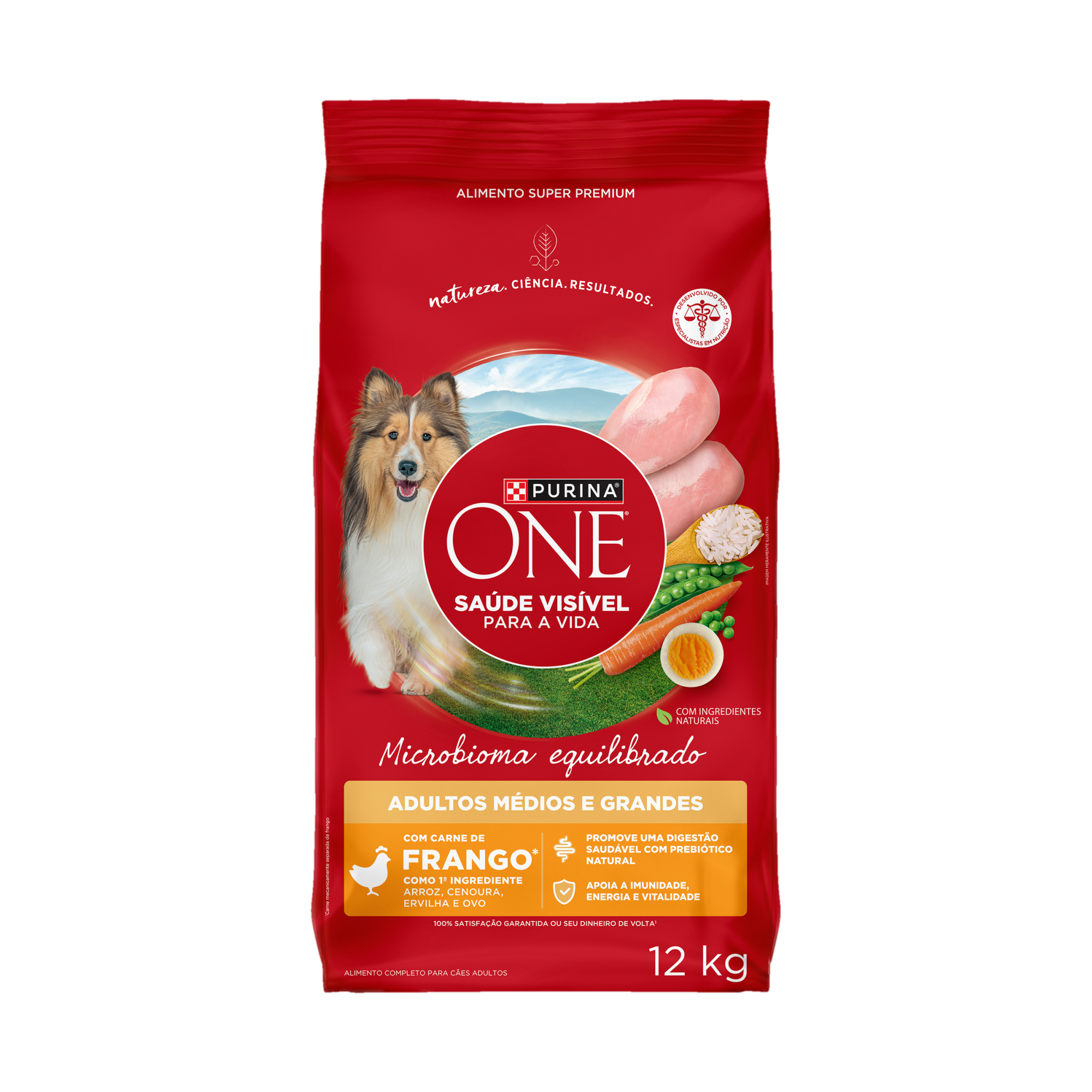 Embalagem de PURINA ONE® Microbioma Equilibrado Cães Adultos Médios e Grandes sabor Frango, vista frontal