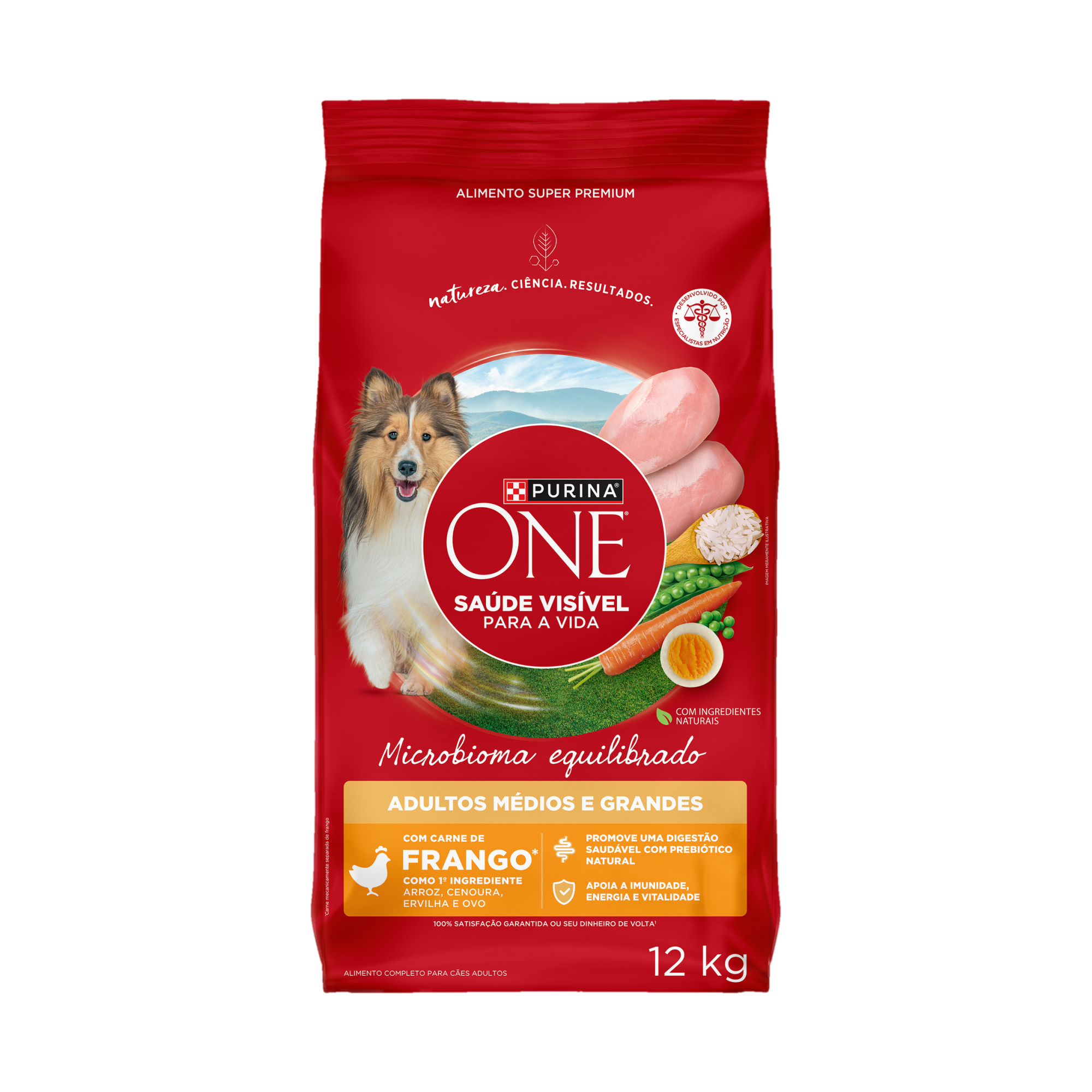 Embalagem de PURINA ONE® Microbioma Equilibrado Cães Adultos Médios e Grandes sabor Frango, vista frontal