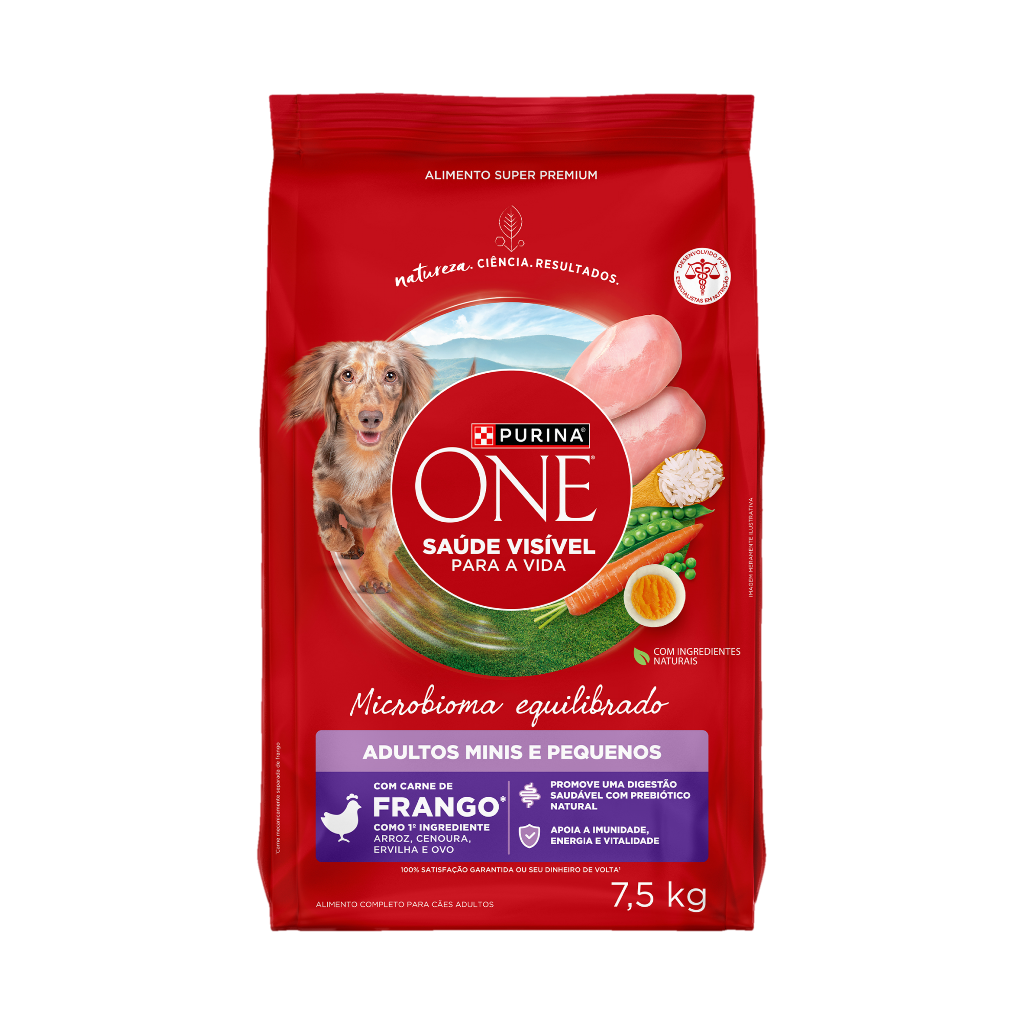 Embalagem de PURINA ONE® Microbioma Equilibrado Cães Adultos Minis e Pequenos sabor Frango, vista frontal