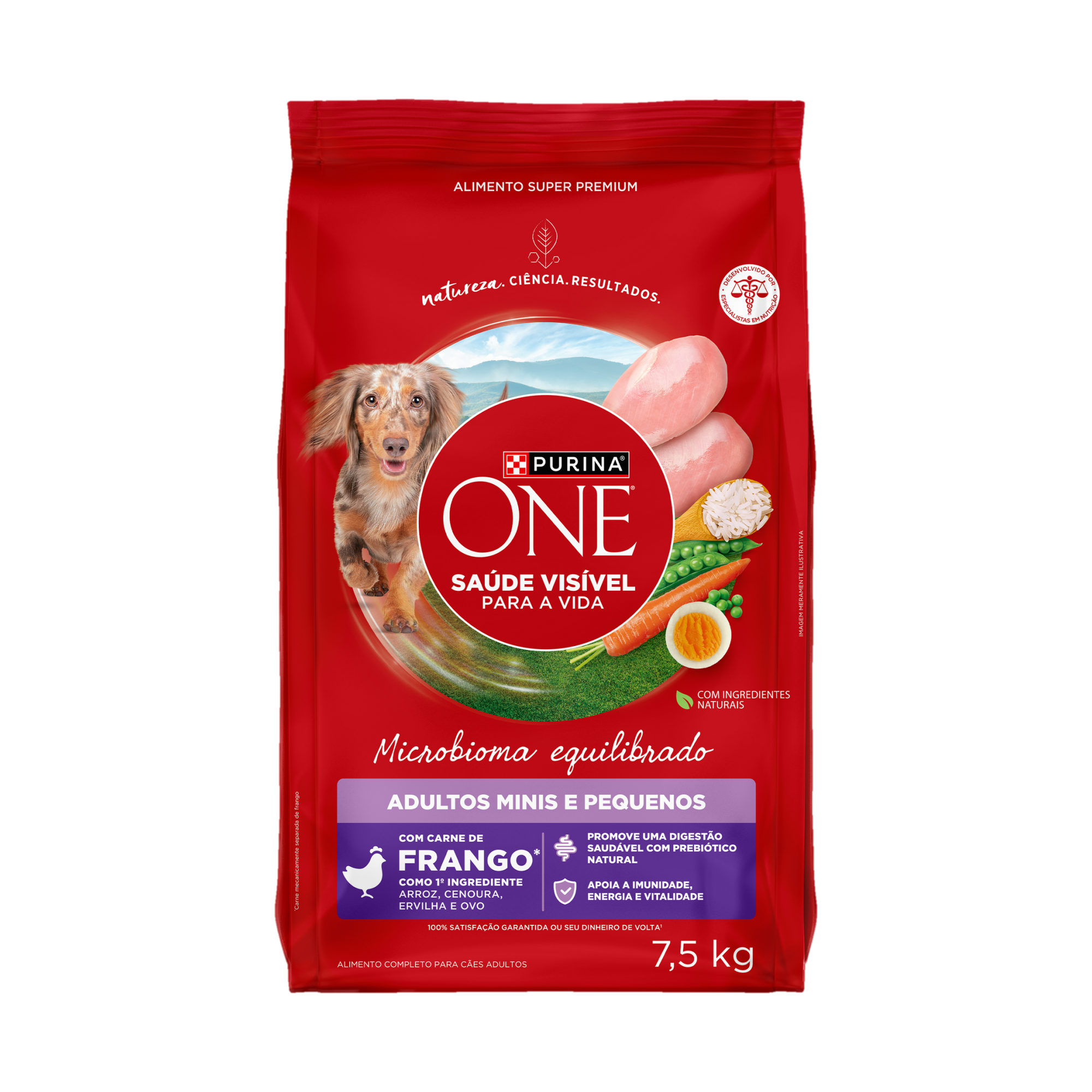 Embalagem de PURINA ONE® Microbioma Equilibrado Cães Adultos Minis e Pequenos sabor Frango, vista frontal