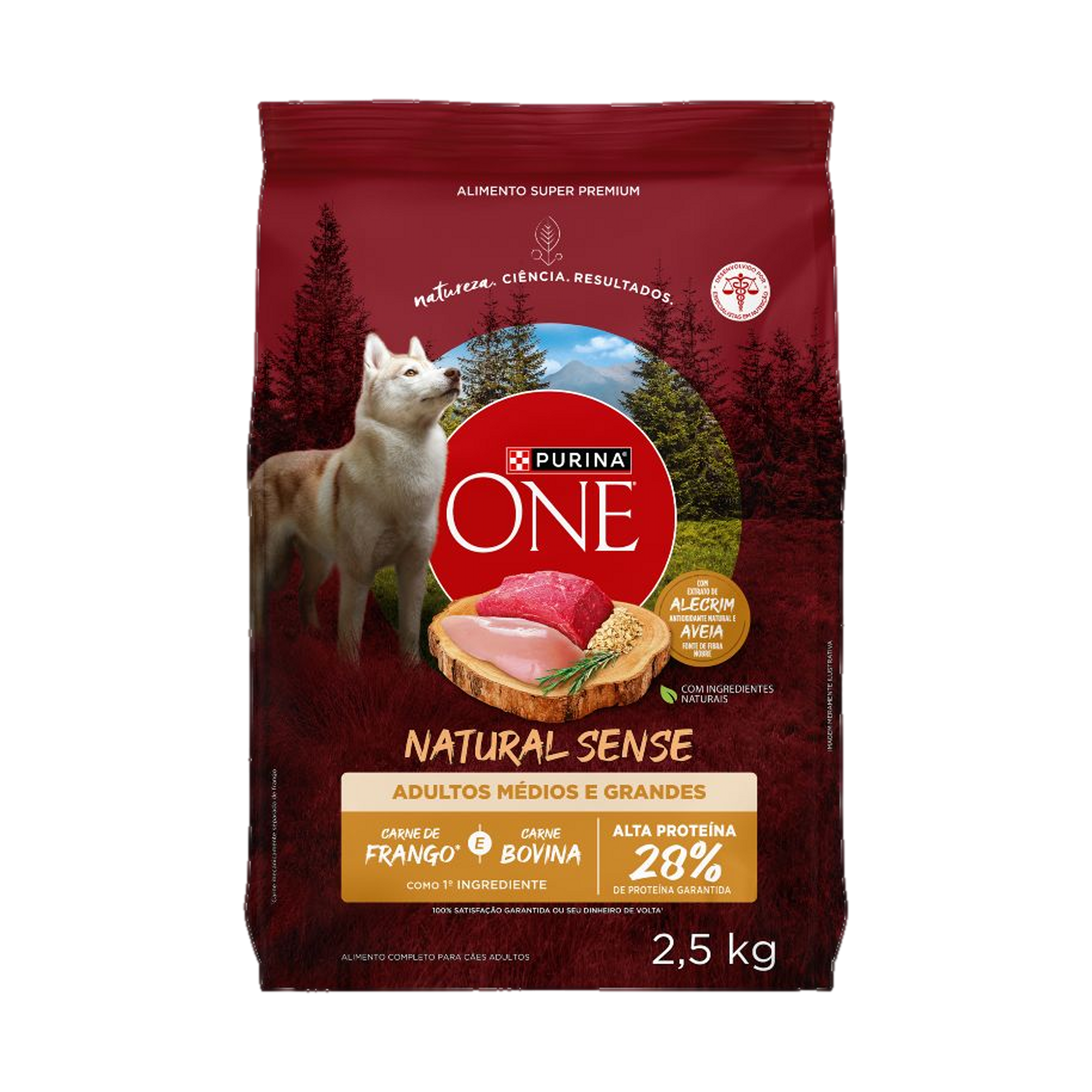 Embalagem de PURINA ONE® Natural Sense Cães Adultos Médios e Grandes sabor Frango e Carne, vista frontal