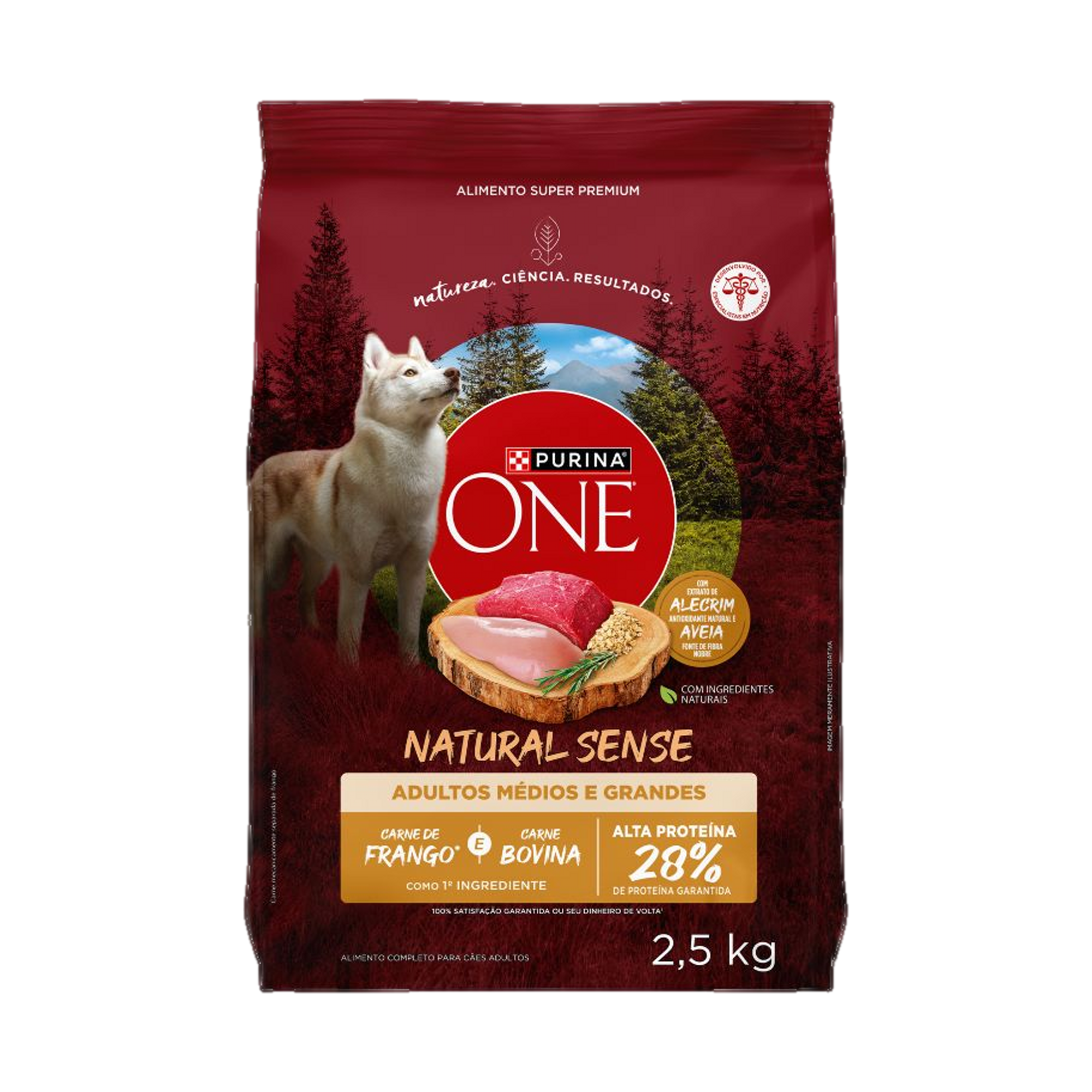 Embalagem de PURINA ONE® Natural Sense Cães Adultos Médios e Grandes sabor Frango e Carne, vista frontal