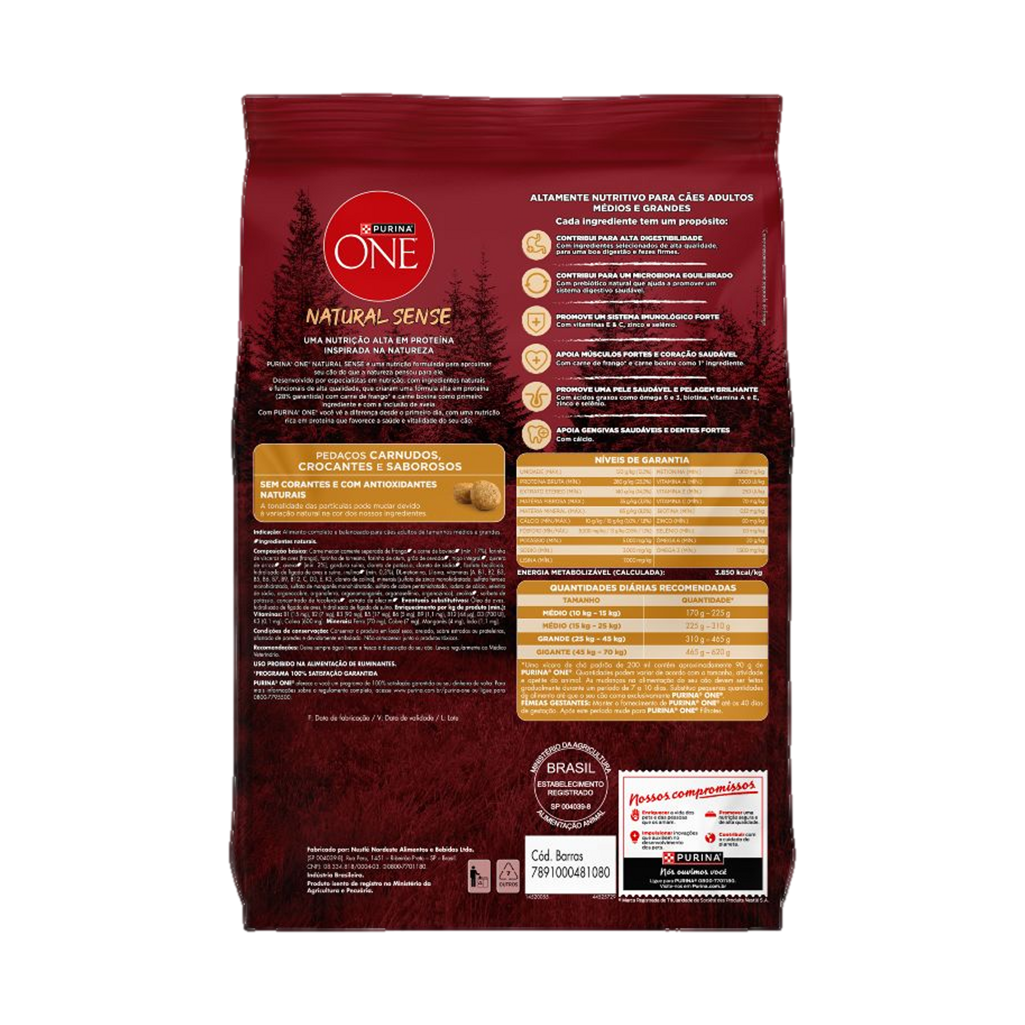 Embalagem de PURINA ONE® Natural Sense Cães Adultos Médios e Grandes sabor Frango e Carne, vista traseira