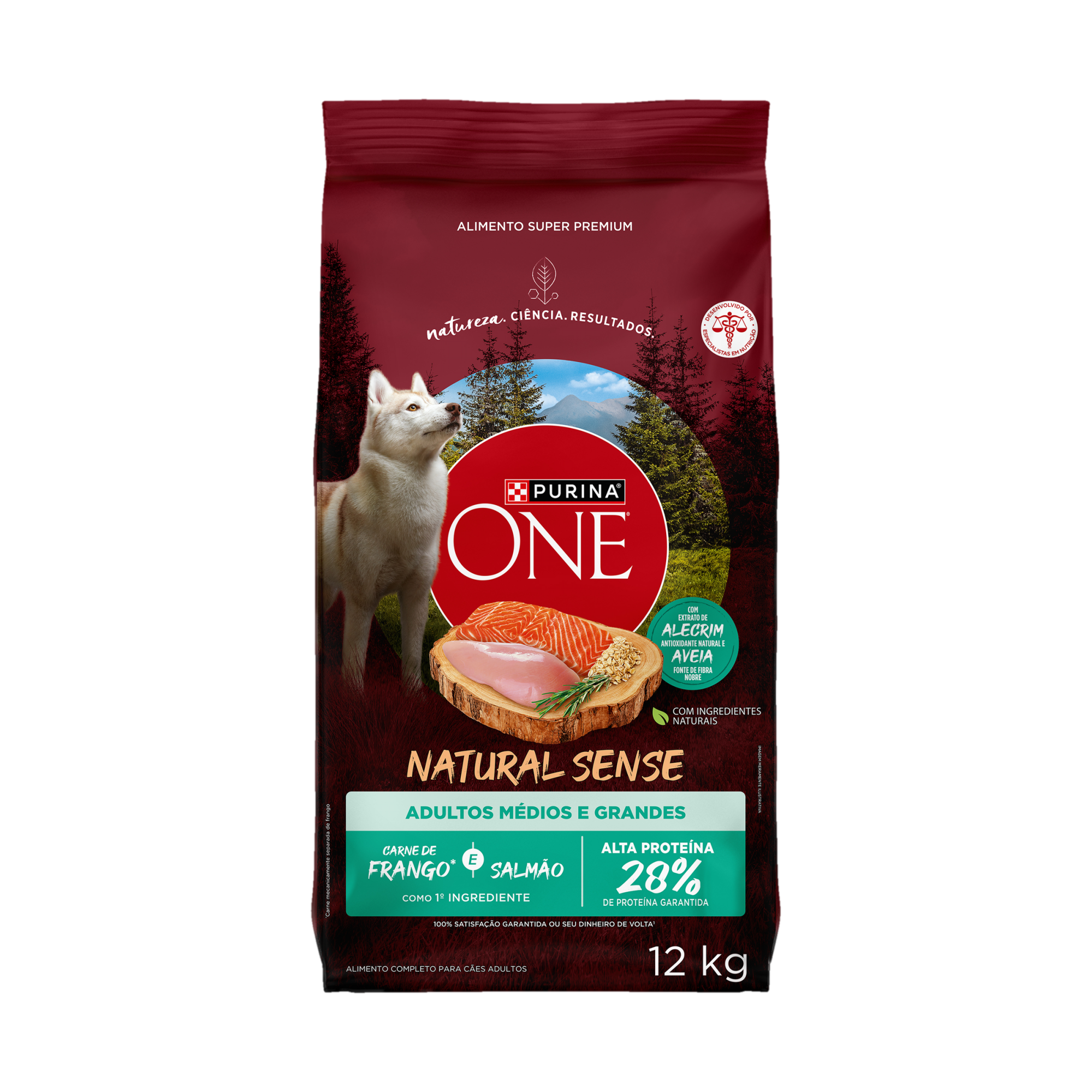 Embalagem de PURINA ONE® Natural Sense Cães Adultos Médios e Grandes sabor Frango e Salmão, vista frontal