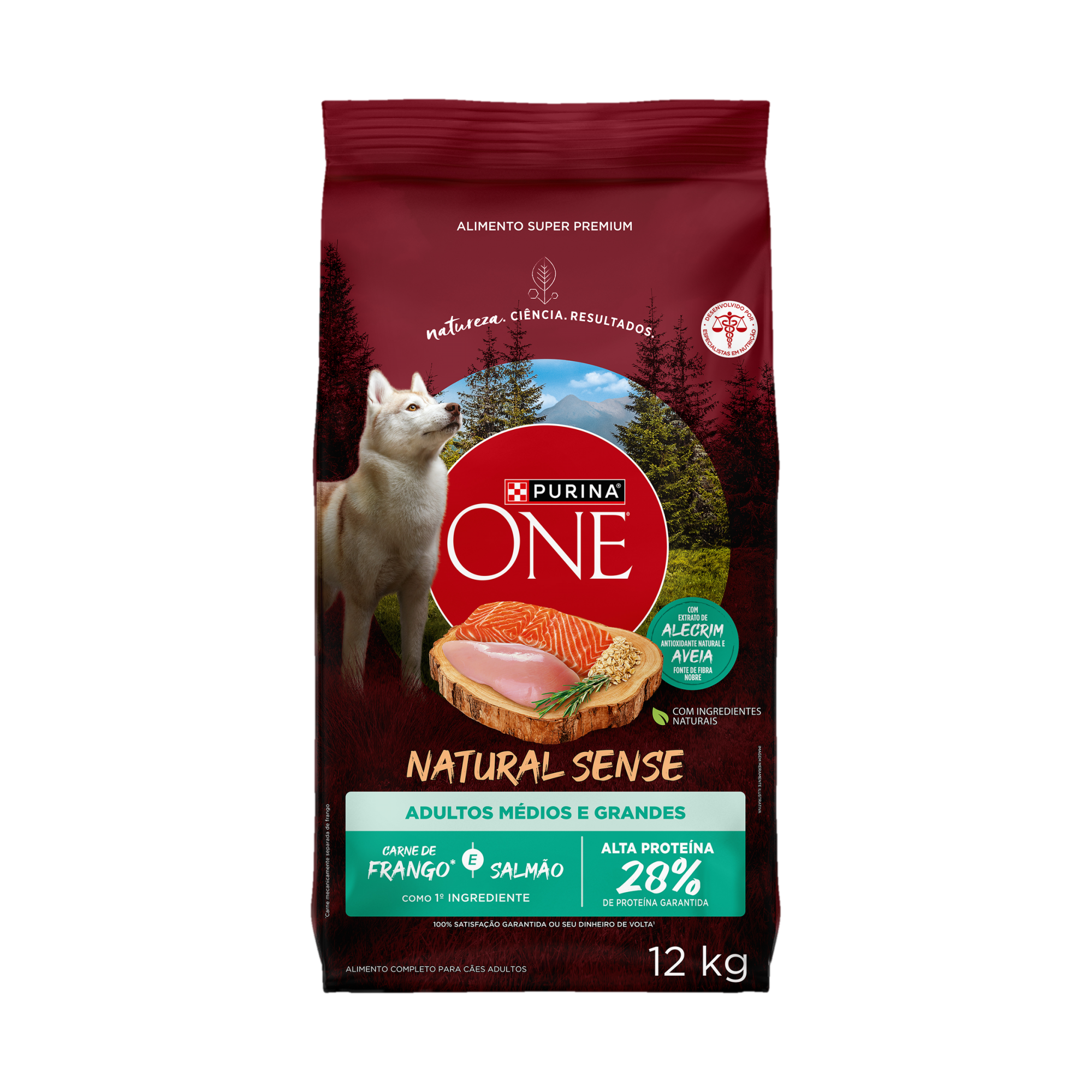 Embalagem de PURINA ONE® Natural Sense Cães Adultos Médios e Grandes sabor Frango e Salmão, vista frontal