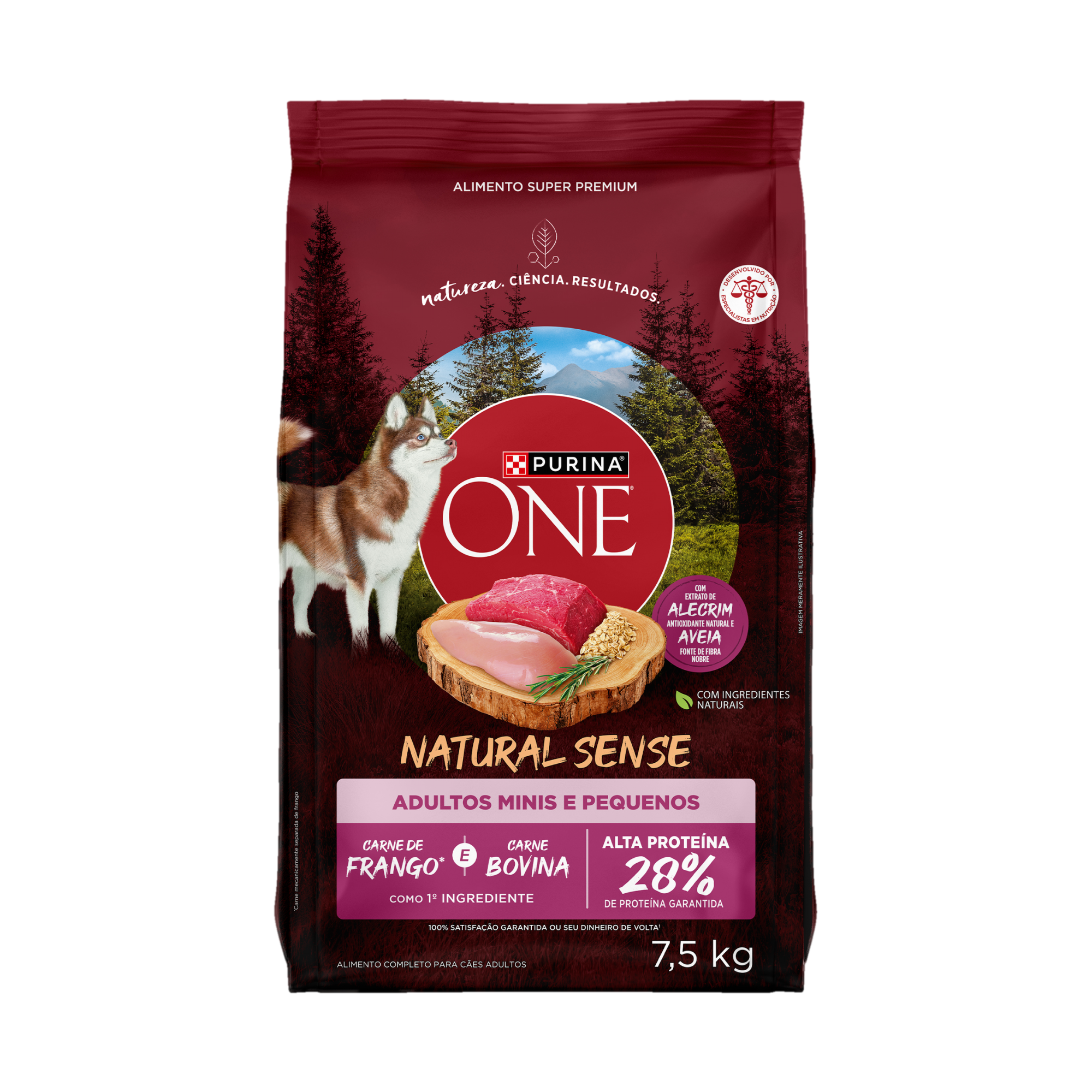 Embalagem de PURINA ONE® Natural Sense Cães Adultos Minis e Pequenos sabor Frango e Carne, vista frontal