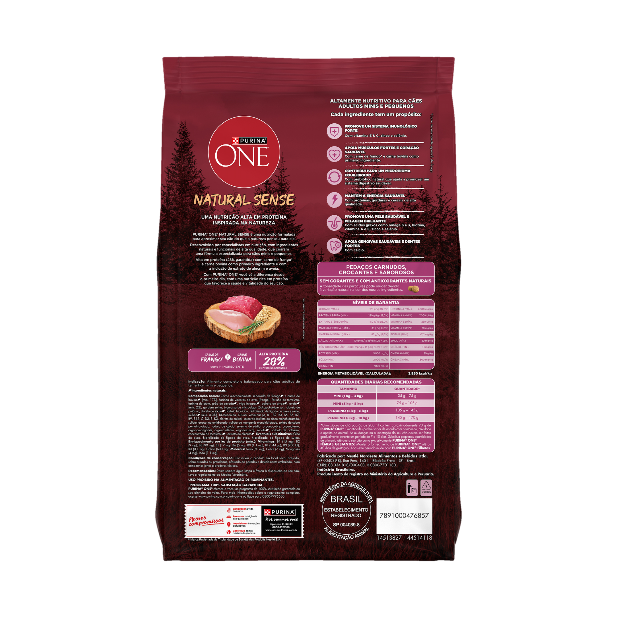 Embalagem de PURINA ONE® Natural Sense Cães Adultos Minis e Pequenos sabor Frango e Carne, vista traseira