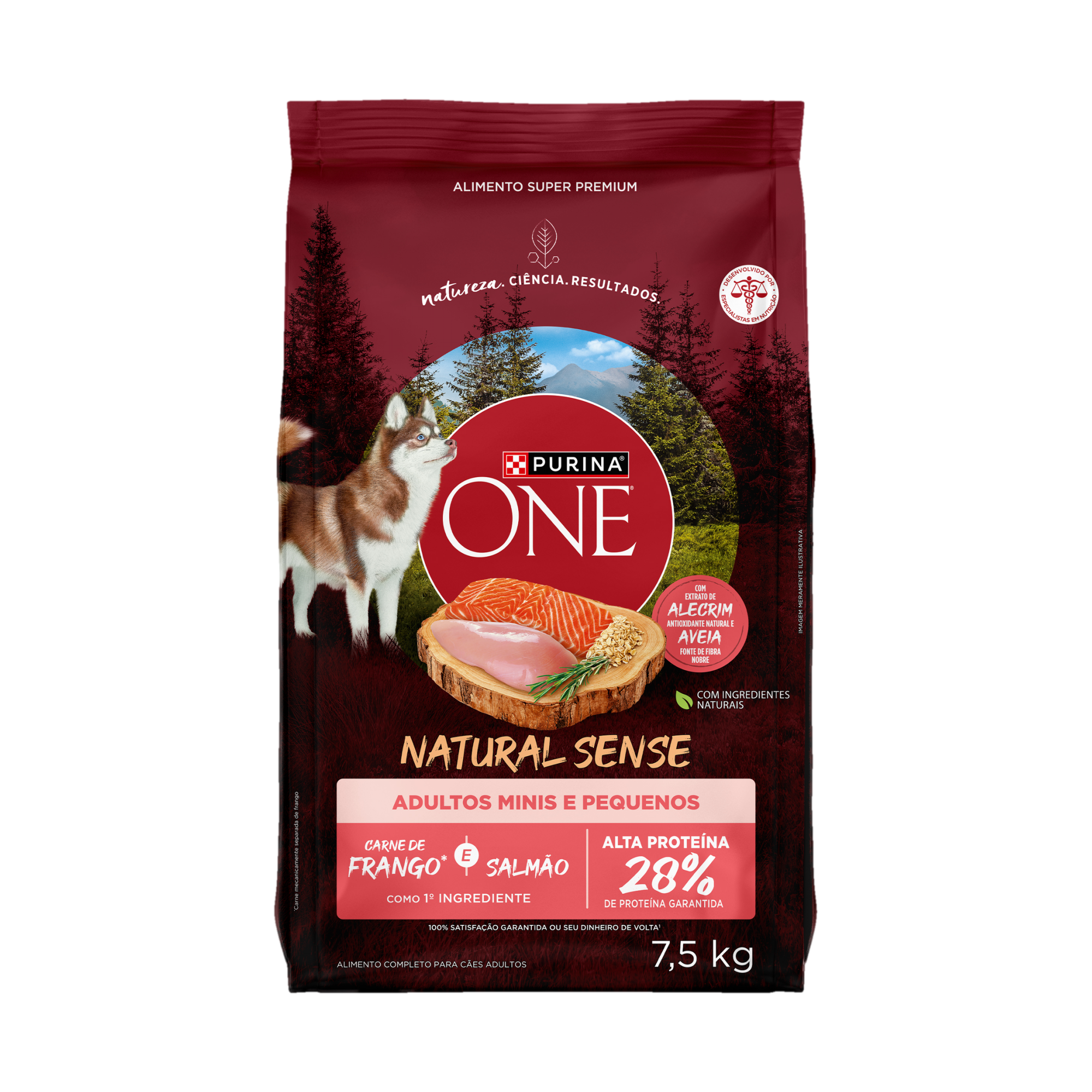 Embalagem de PURINA ONE® Natural Sense Cães Adultos Minis e Pequenos sabor Frango e Salmão, vista frontal