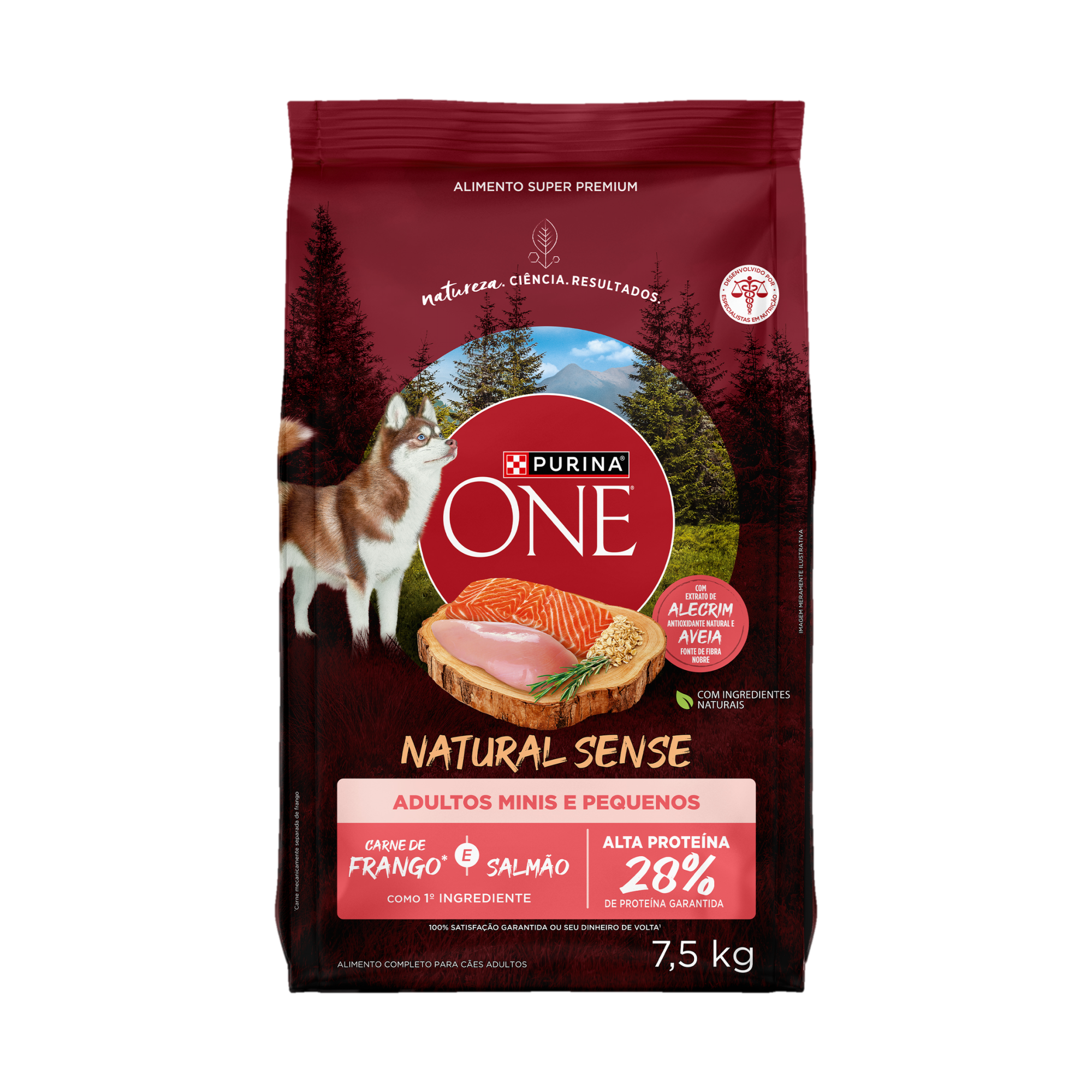 Embalagem de PURINA ONE® Natural Sense Cães Adultos Minis e Pequenos sabor Frango e Salmão, vista frontal
