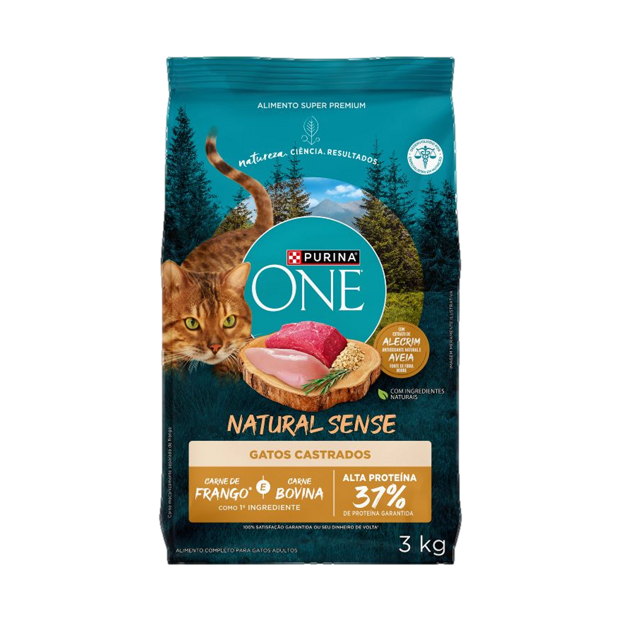 Embalagem de PURINA ONE® Natural Sense Gatos Adultos Castrados sabor Frango e Carne, vista frontal
