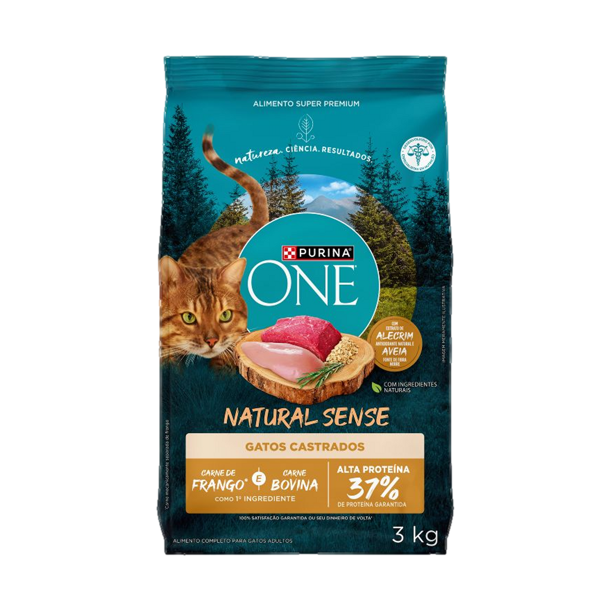 Embalagem de PURINA ONE® Natural Sense Gatos Adultos Castrados sabor Frango e Carne, vista frontal